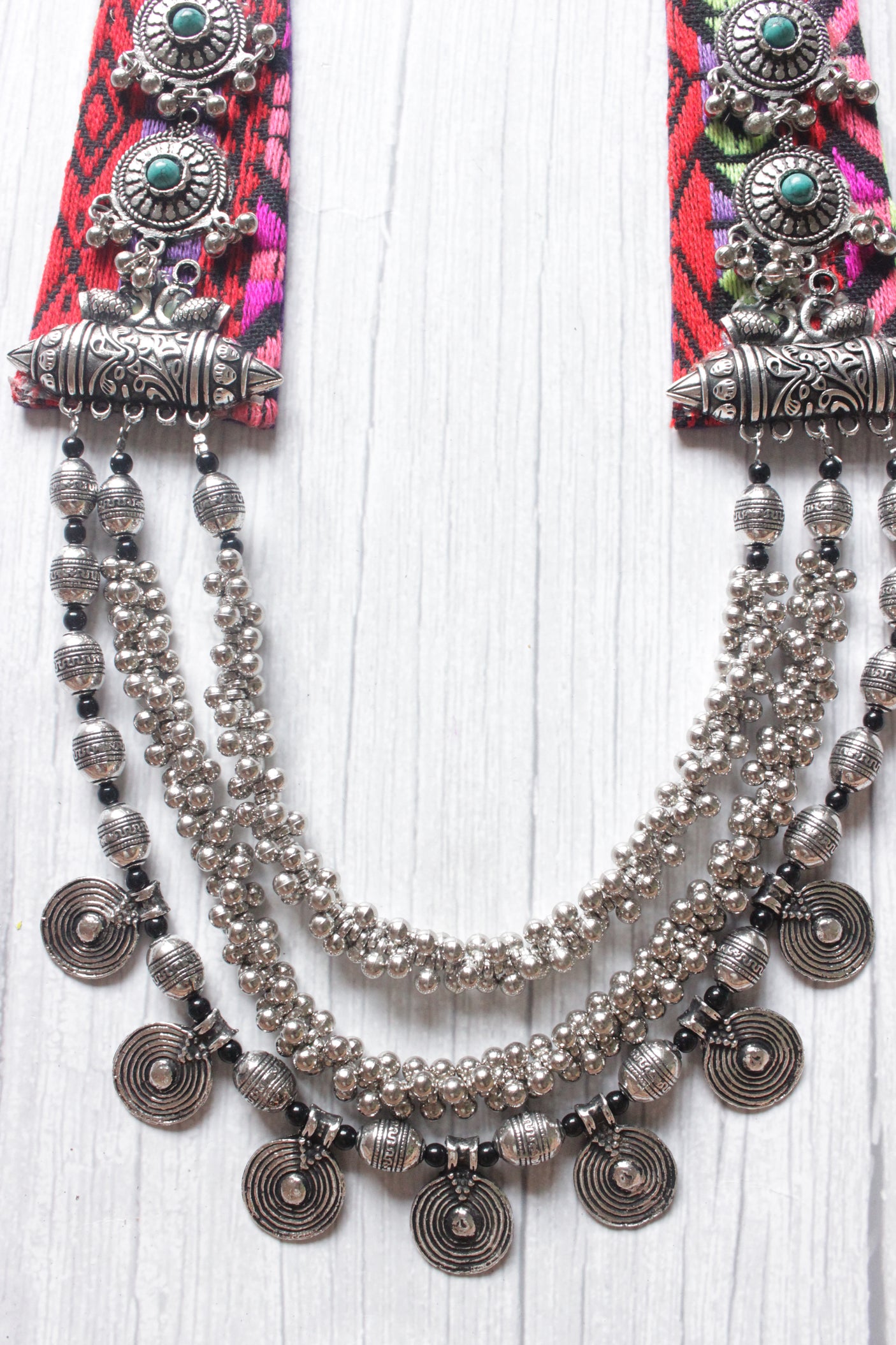 Oxidised Silver Finish Metal and Fabric 3 Layer Necklace with Adjustable Thread Closure