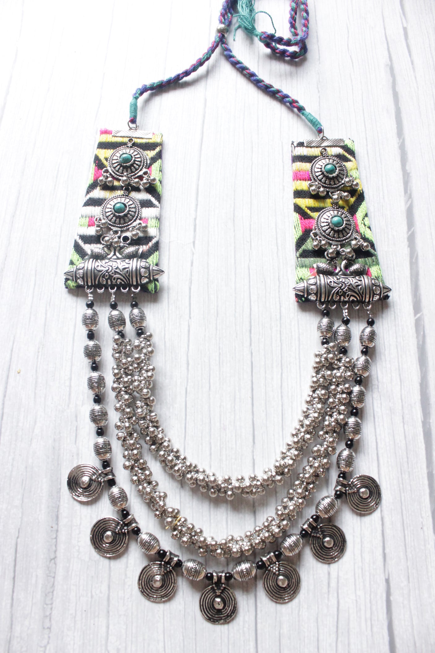 Oxidised Silver Finish Metal and Fabric 3 Layer Necklace with Adjustable Thread Closure