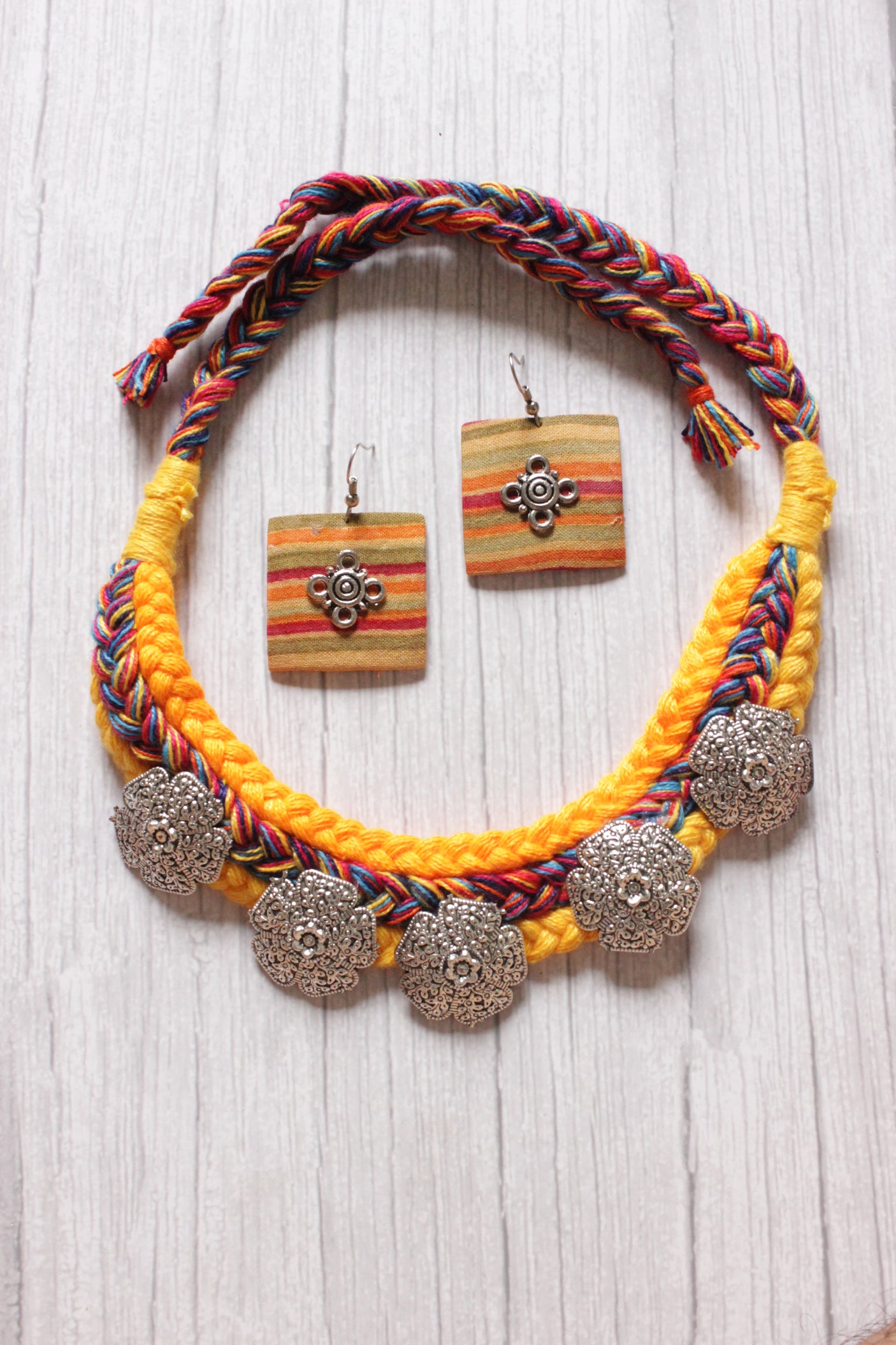 Hand Braided Multi-Color Threads Silver Finish Metal Charms Choker Necklace Set