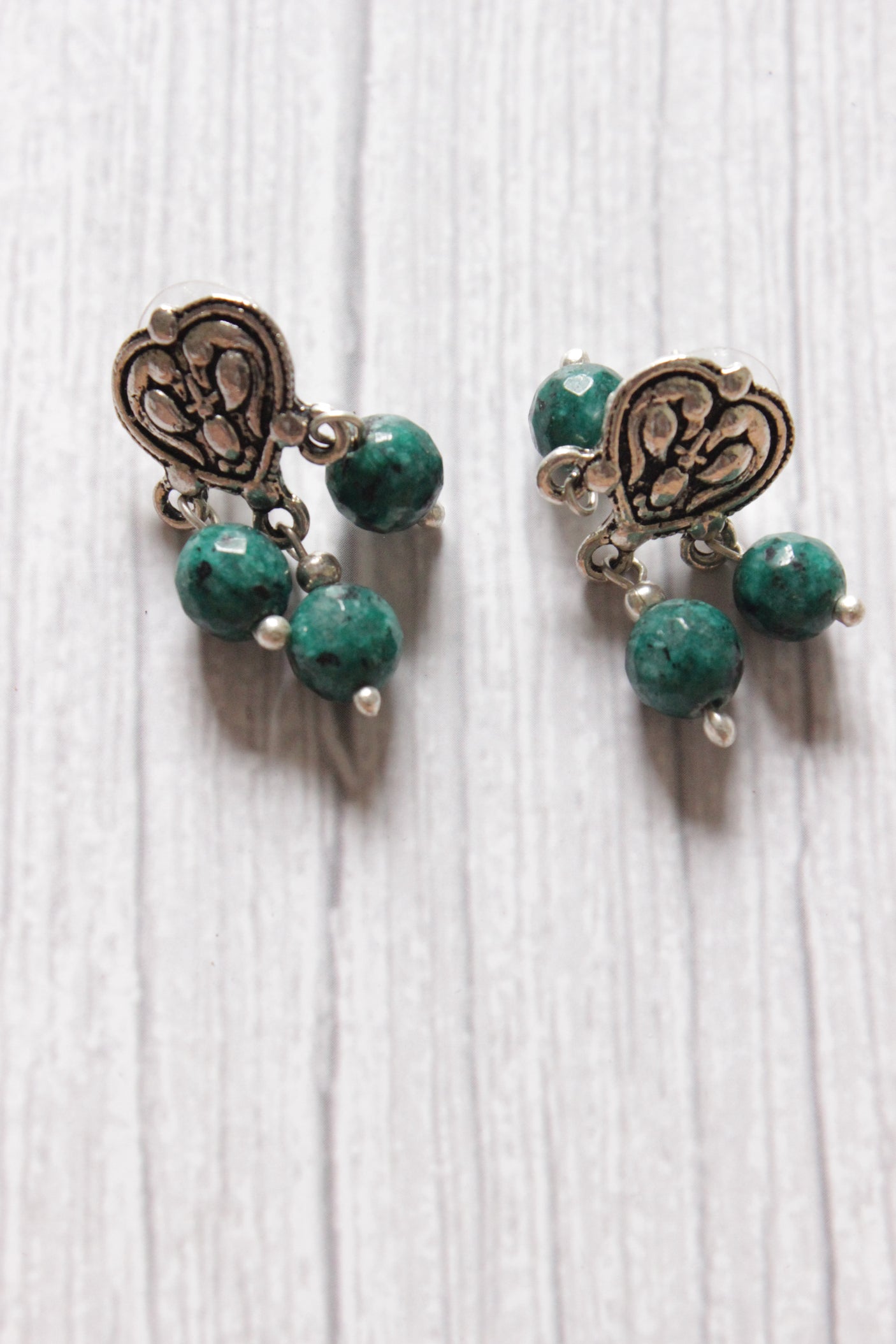 Green Jade Beads Rope Closure Necklace Set with Silver Finish Religious Metal Pendant