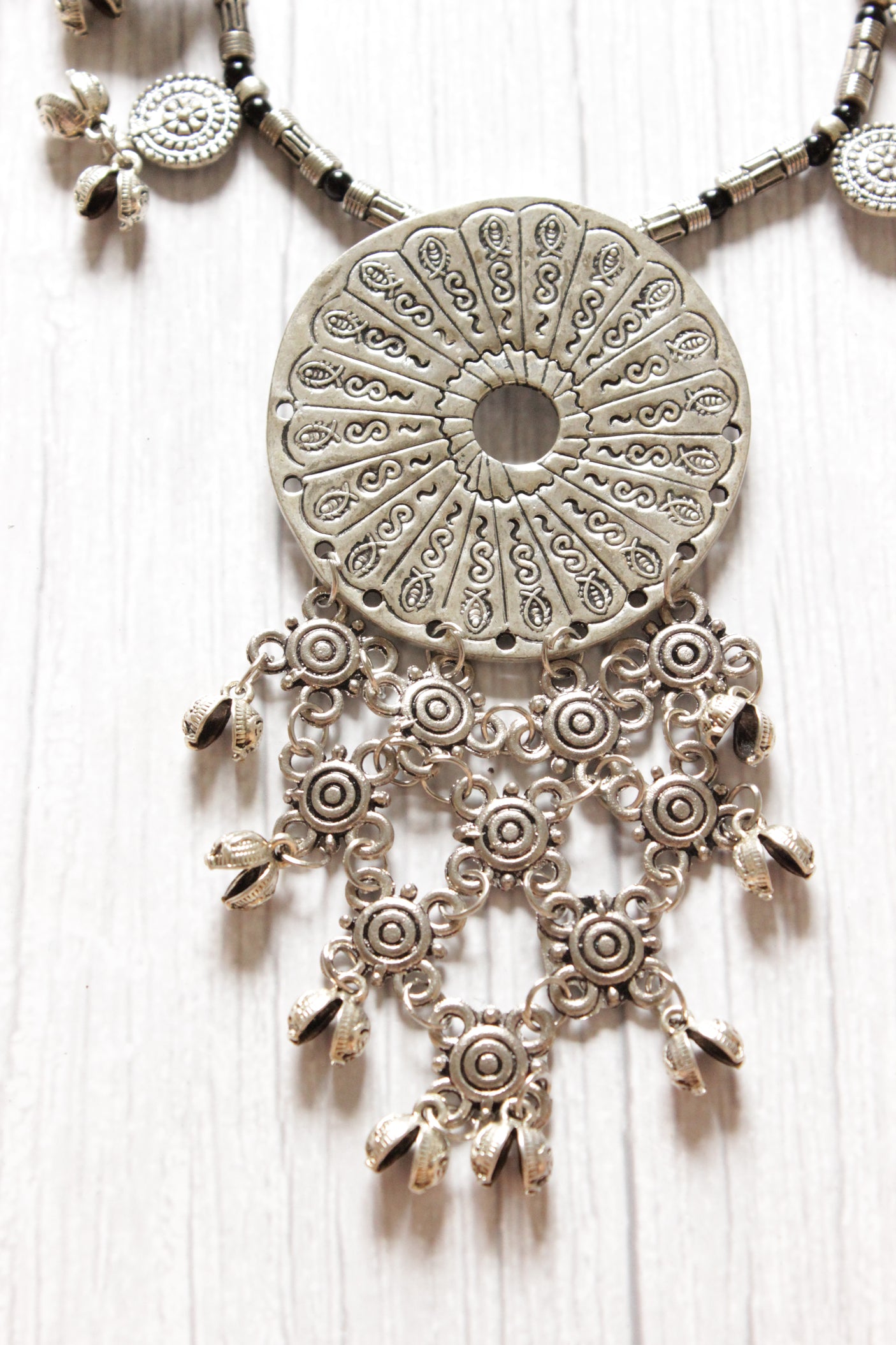 Silver Finish Elaborate Metal Necklace Set with Statement Pendant and Rope Closure