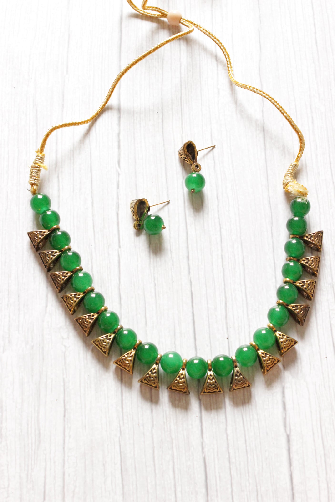 Gold-Toned Green Glass Beads Choker Necklace Set