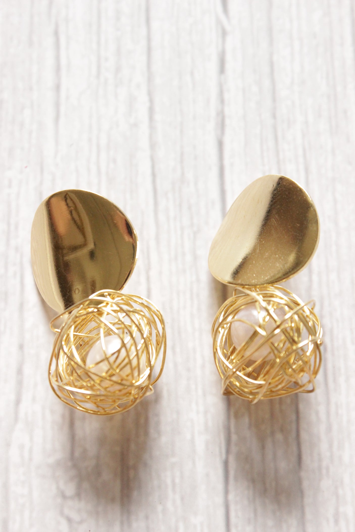 Bright Gold Mesh Drop Earrings with Hanging Ball