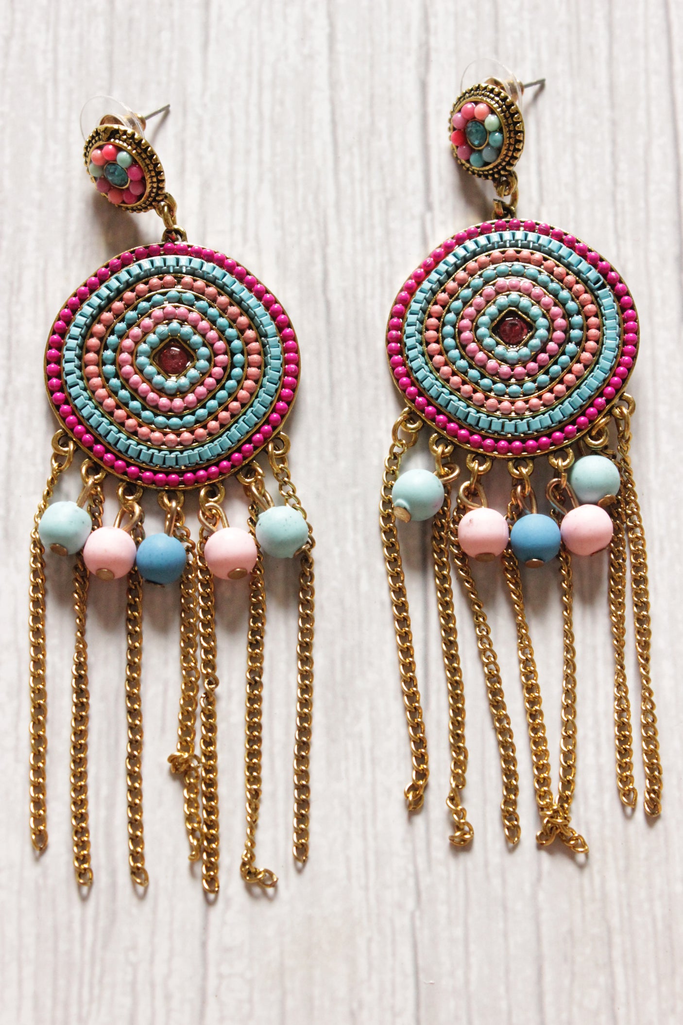 Pink and Blue Beaded Circular Drop Tassel Earrings