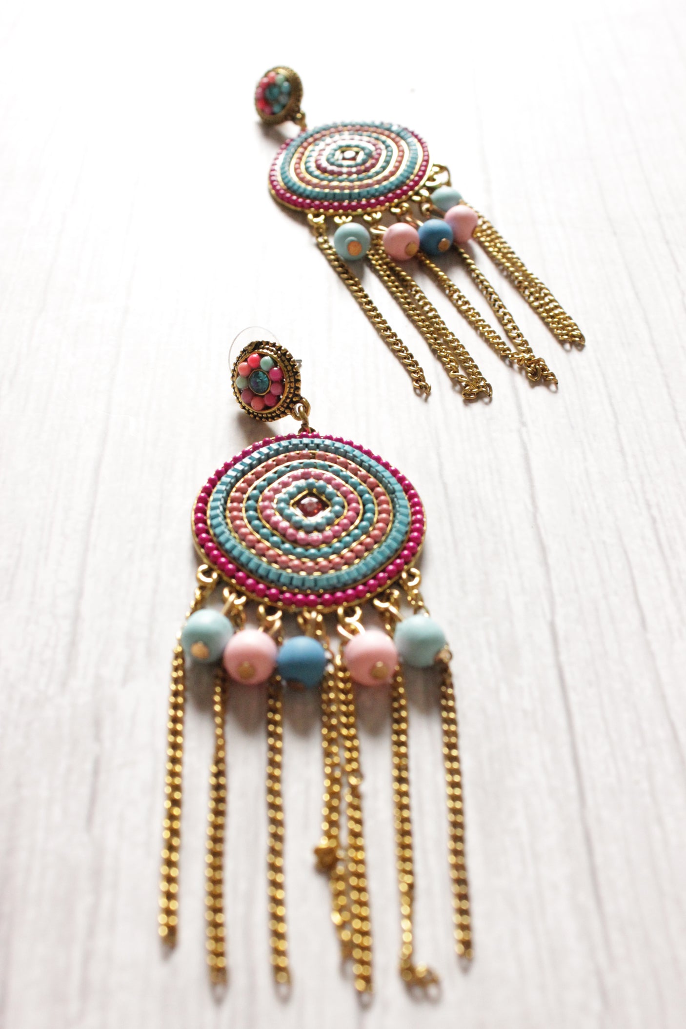 Pink and Blue Beaded Circular Drop Tassel Earrings