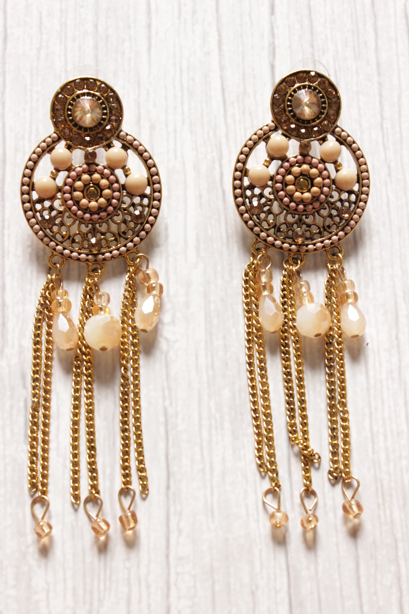 Gold-Toned Peach Antique Beaded Handcrafted Circular Drop Tassel Earrings