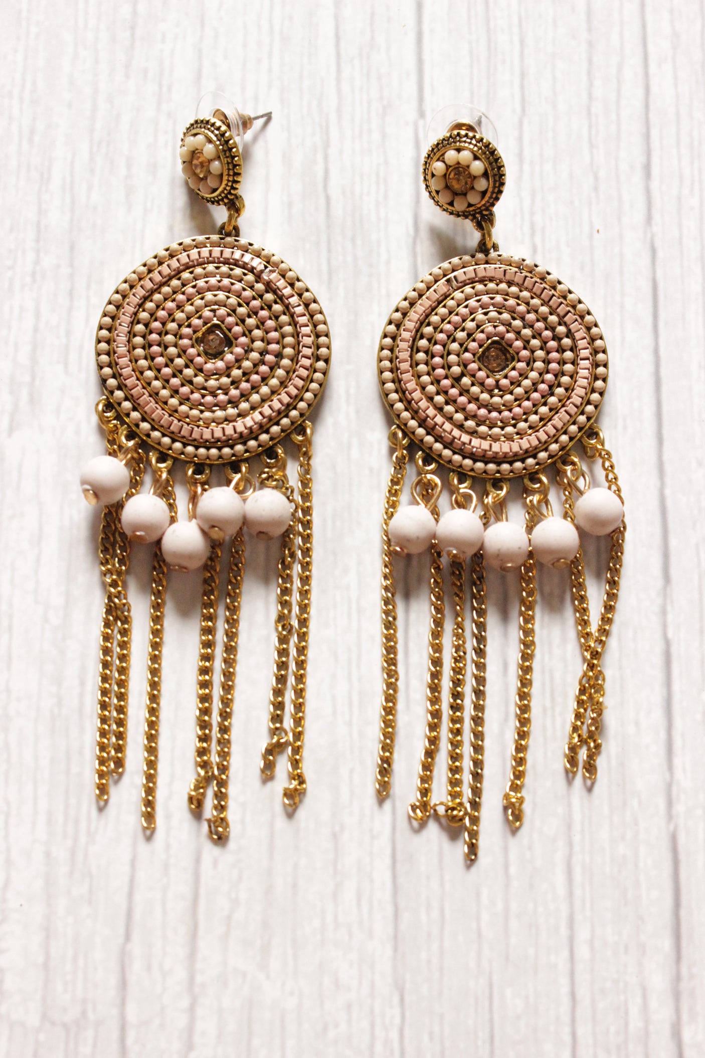 Peach Antique Beaded Handcrafted Circular Drop Tassel Earrings