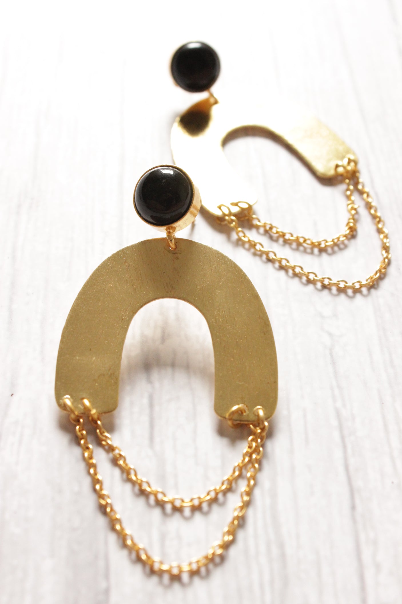 Black Natural Stone Embedded Horse Shoe Brass Dangler Earrings