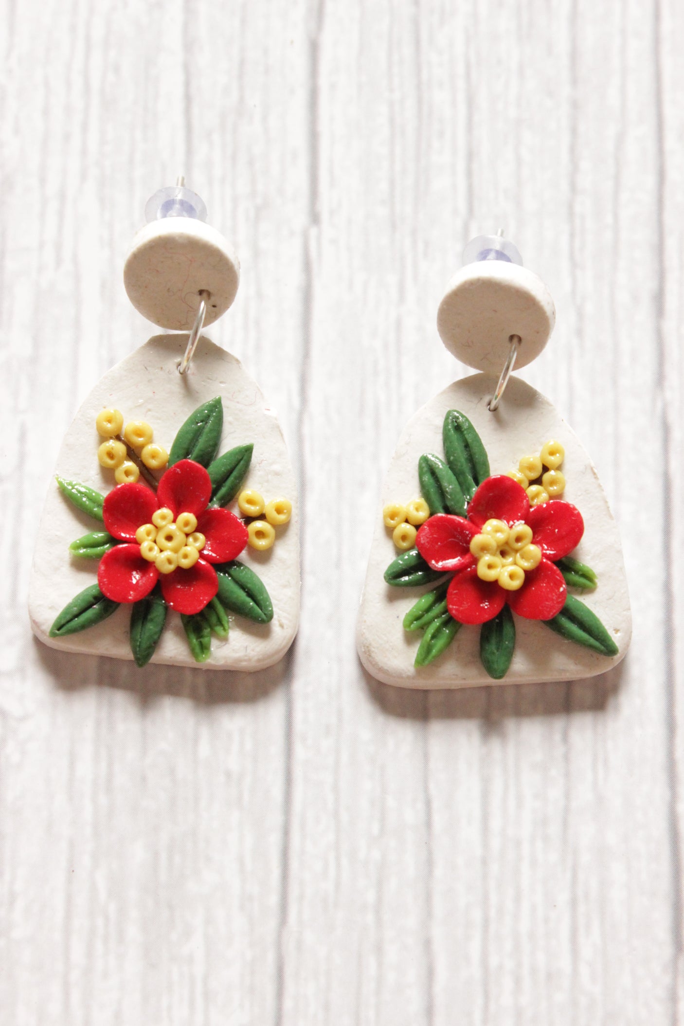 Vibrant Handcrafted Flower & Leaf Motifs Polymer Clay Dangler Earrings