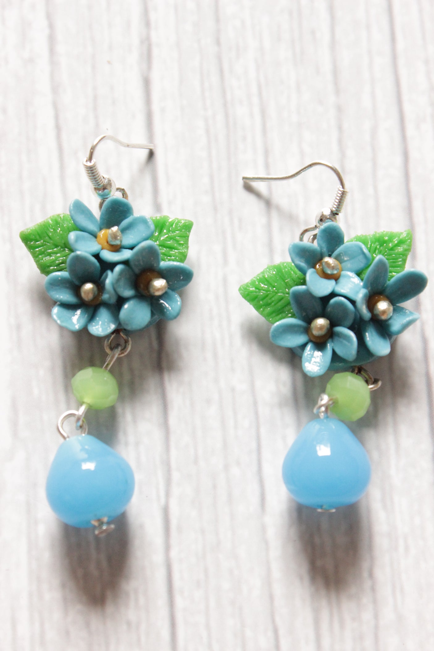 Vibrant Handcrafted Turquoise Flower Motif Polymer Clay Drop Earrings