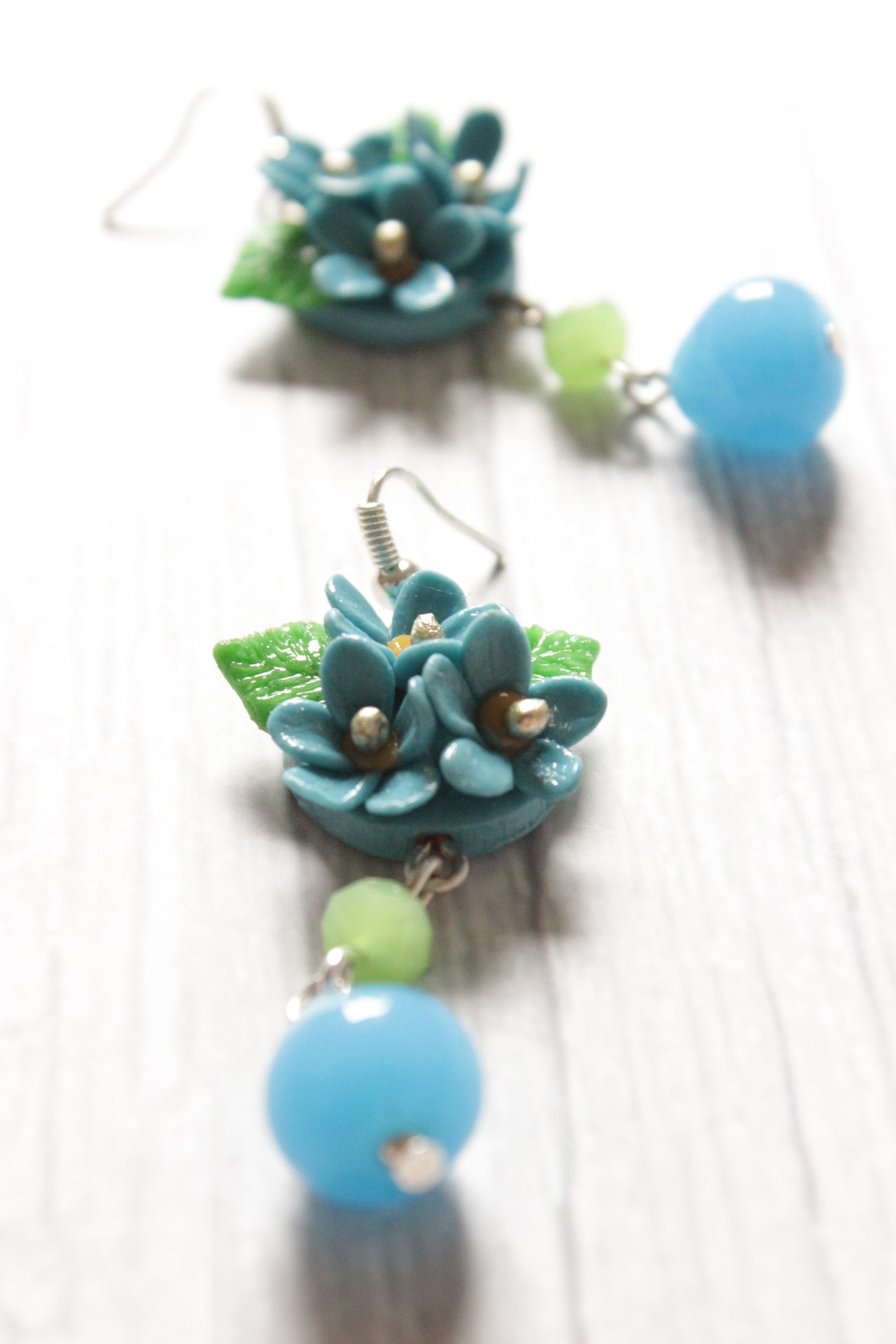 Vibrant Handcrafted Turquoise Flower Motif Polymer Clay Drop Earrings