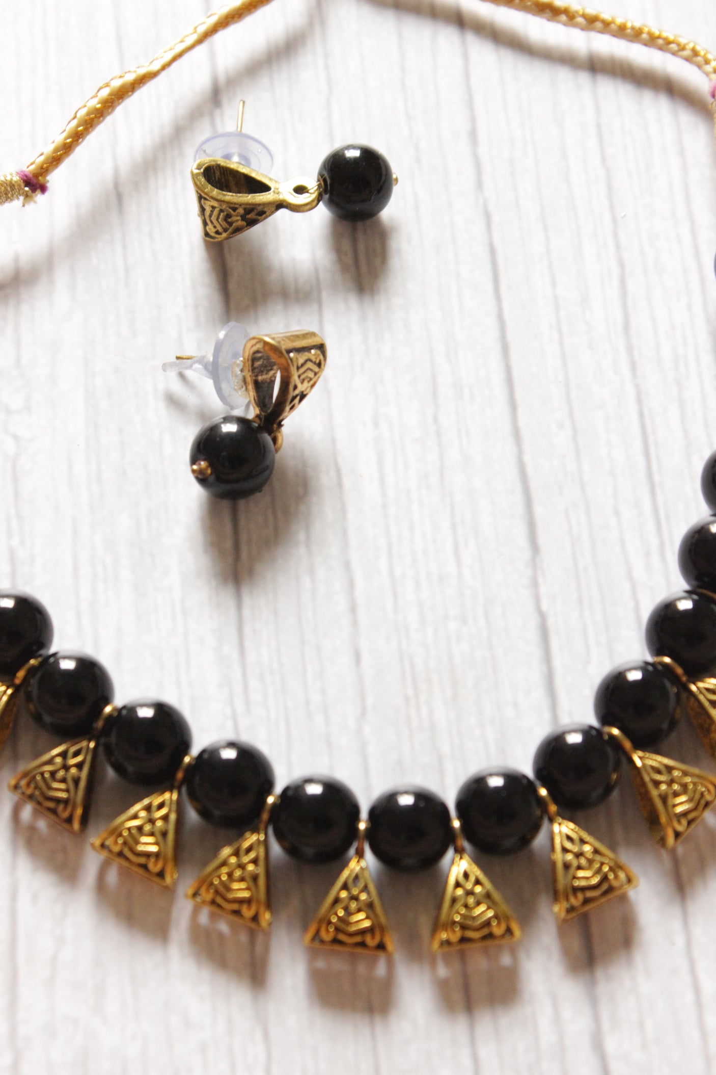 Gold-Toned Black Glass Beads Choker Necklace Set