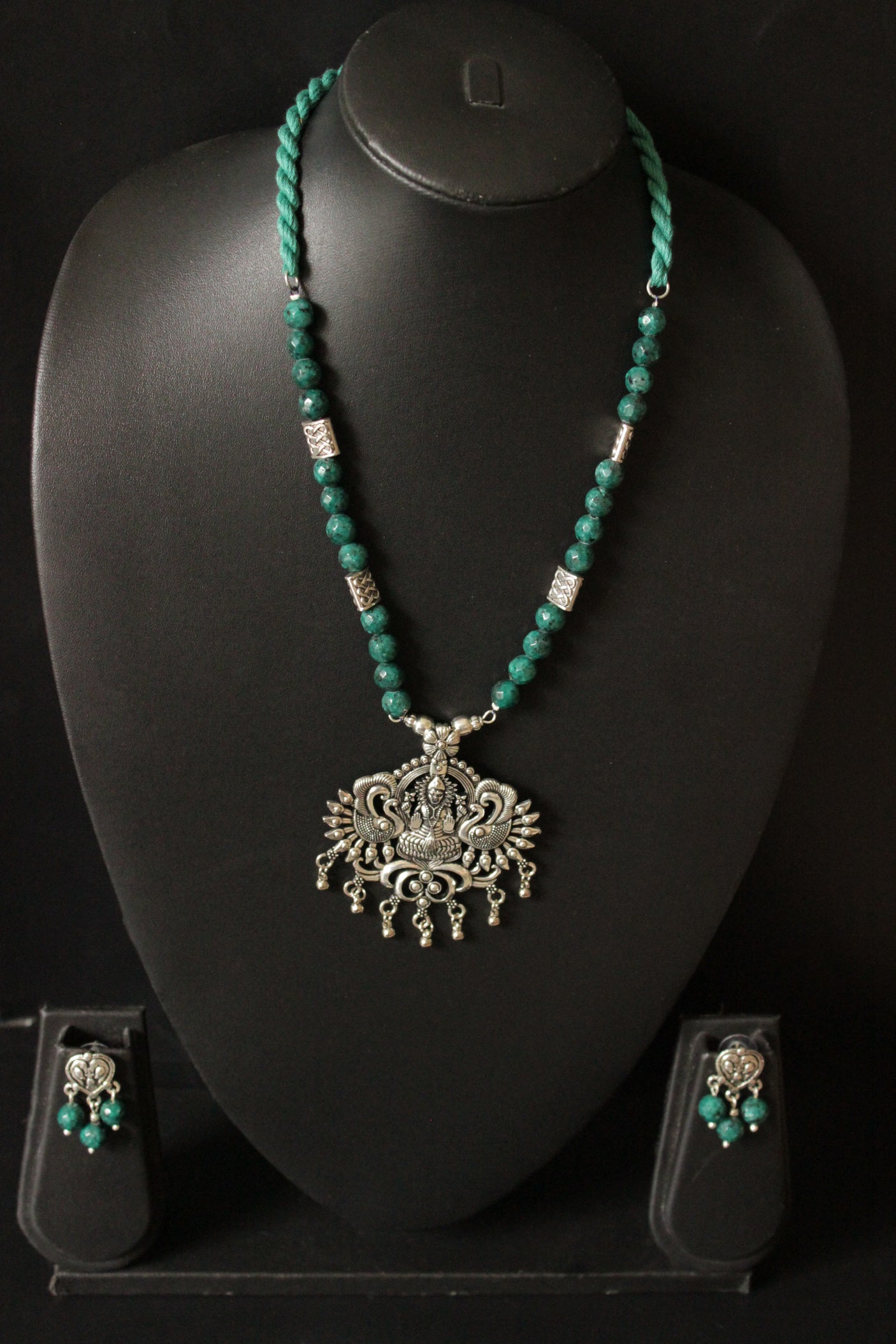 Green Jade Beads Rope Closure Necklace Set with Silver Finish Religious Metal Pendant