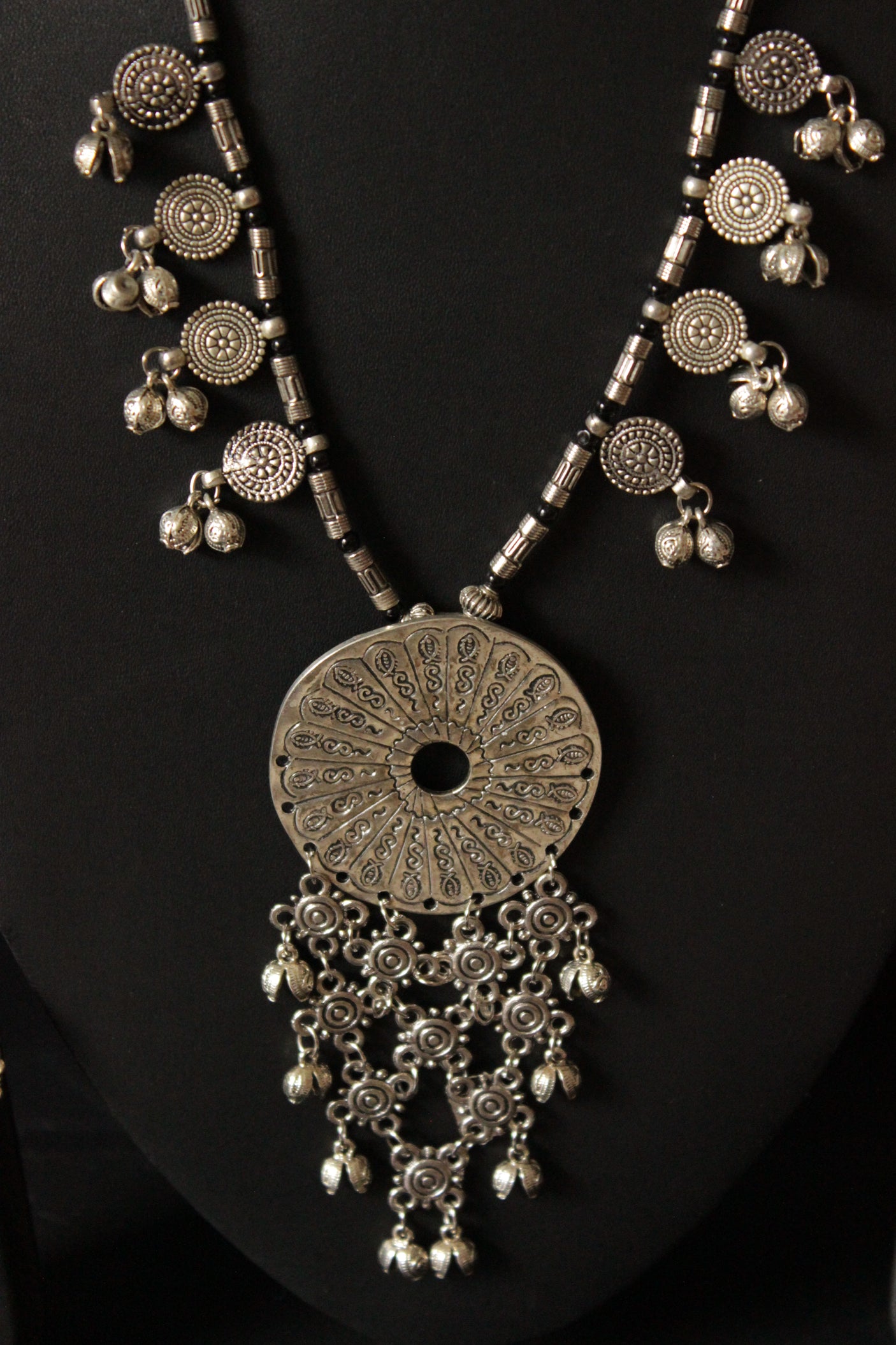 Silver Finish Elaborate Metal Necklace Set with Statement Pendant and Rope Closure