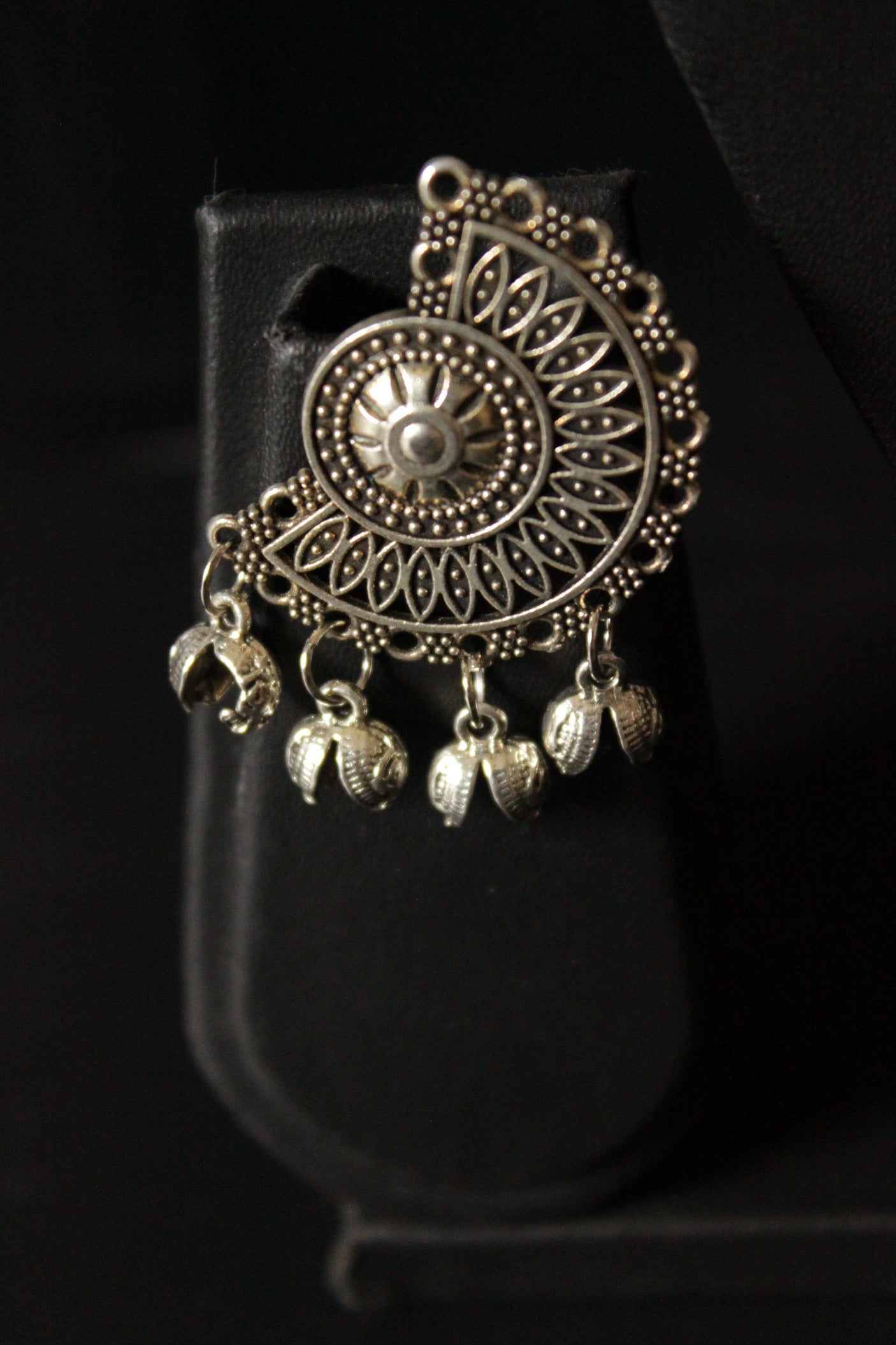 Silver Finish Elaborate Metal Necklace Set with Statement Pendant and Rope Closure