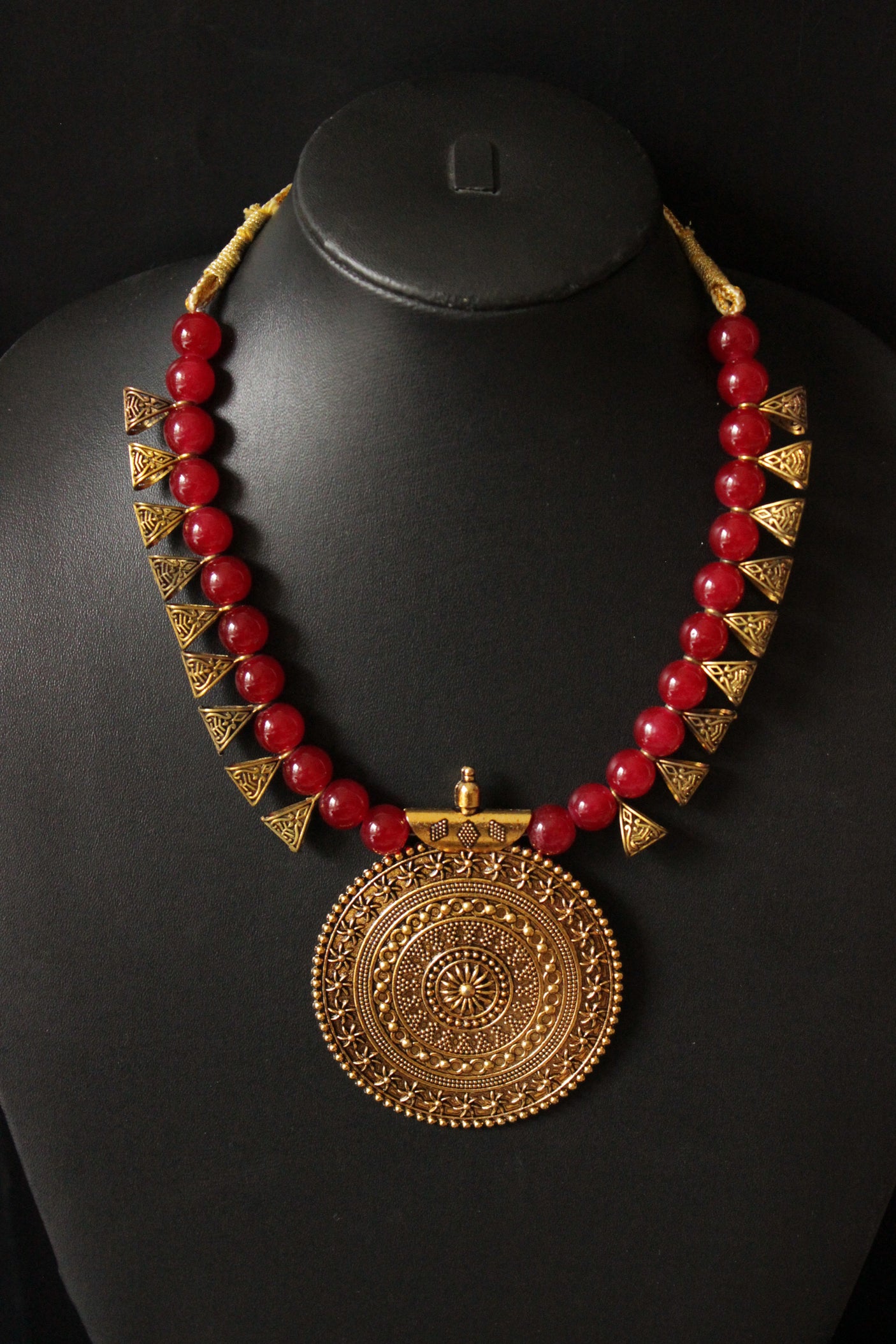 Gold-Toned Red Glass Beads Necklace Set with Statement Pendant