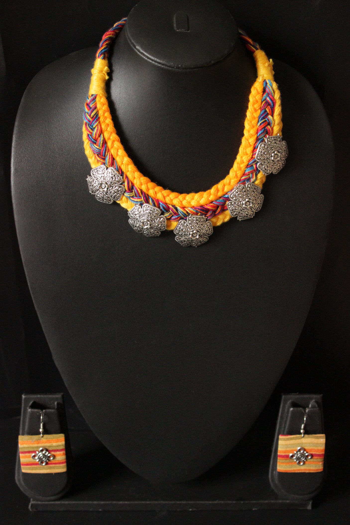 Hand Braided Multi-Color Threads Silver Finish Metal Charms Choker Necklace Set