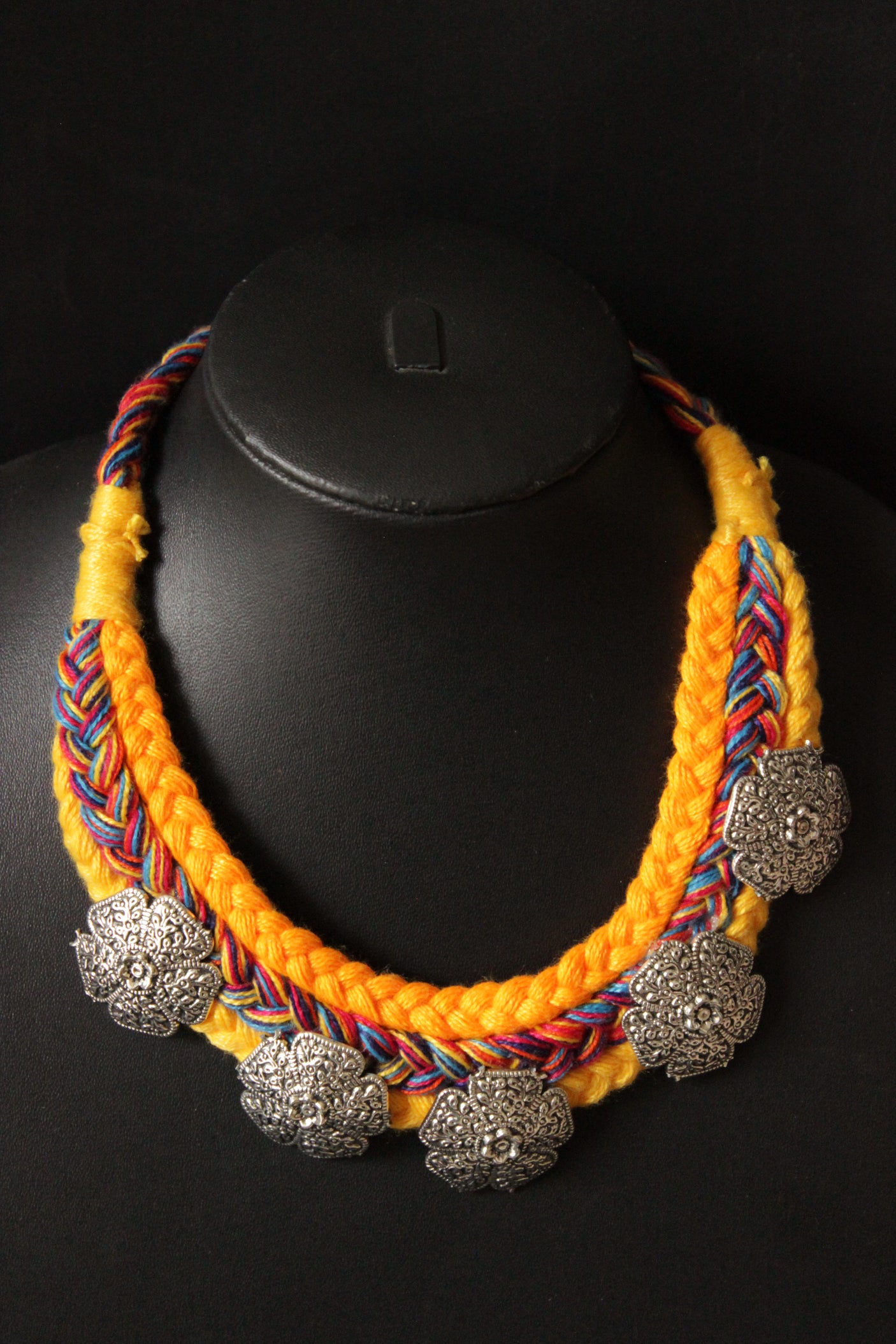 Hand Braided Multi-Color Threads Silver Finish Metal Charms Choker Necklace Set