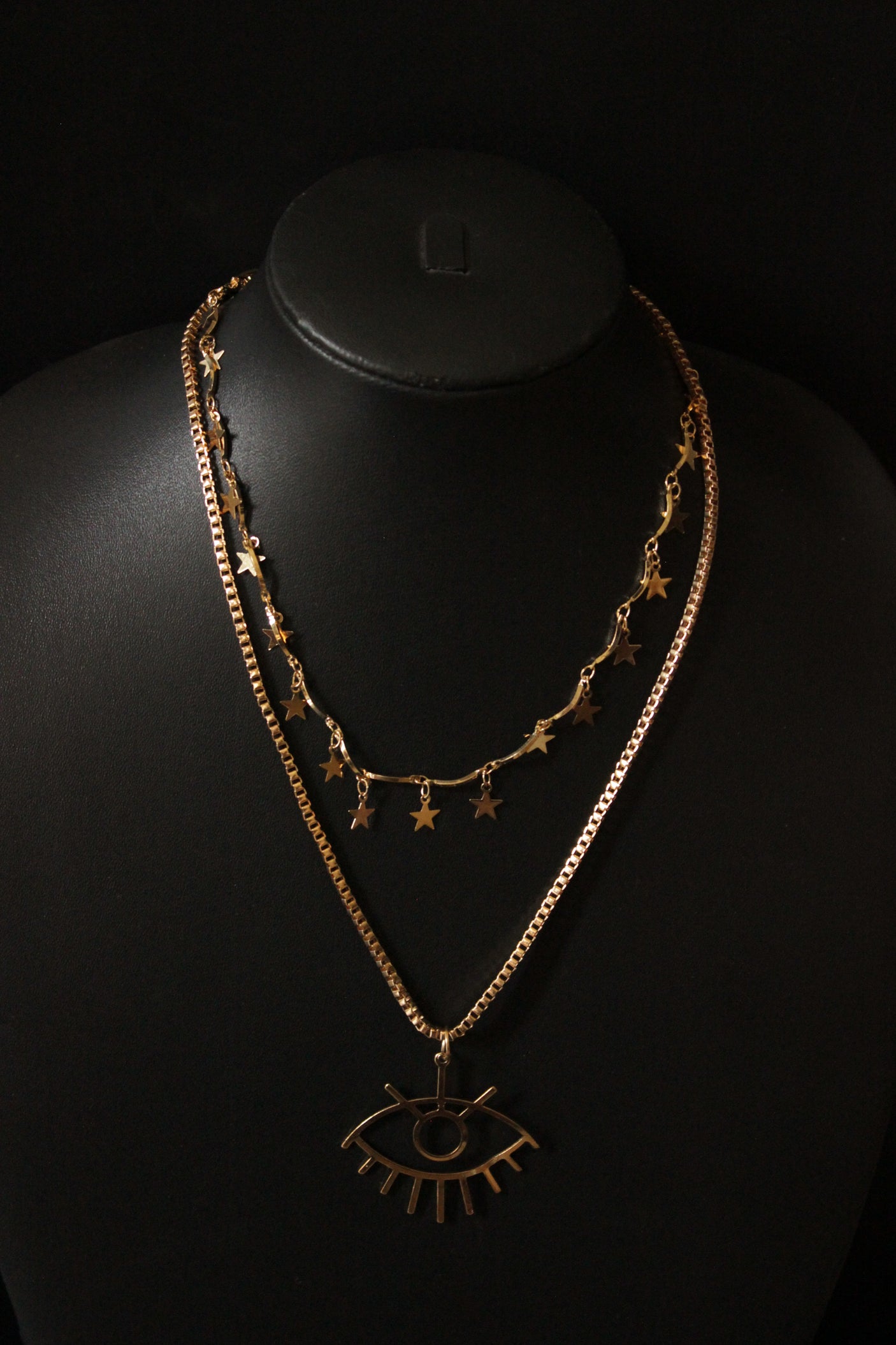 2 Layered Star Charms and Eye Motif Gold Plated Chain Necklace
