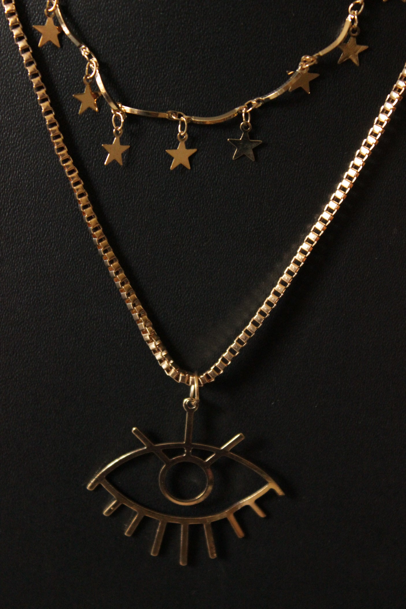 2 Layered Star Charms and Eye Motif Gold Plated Chain Necklace