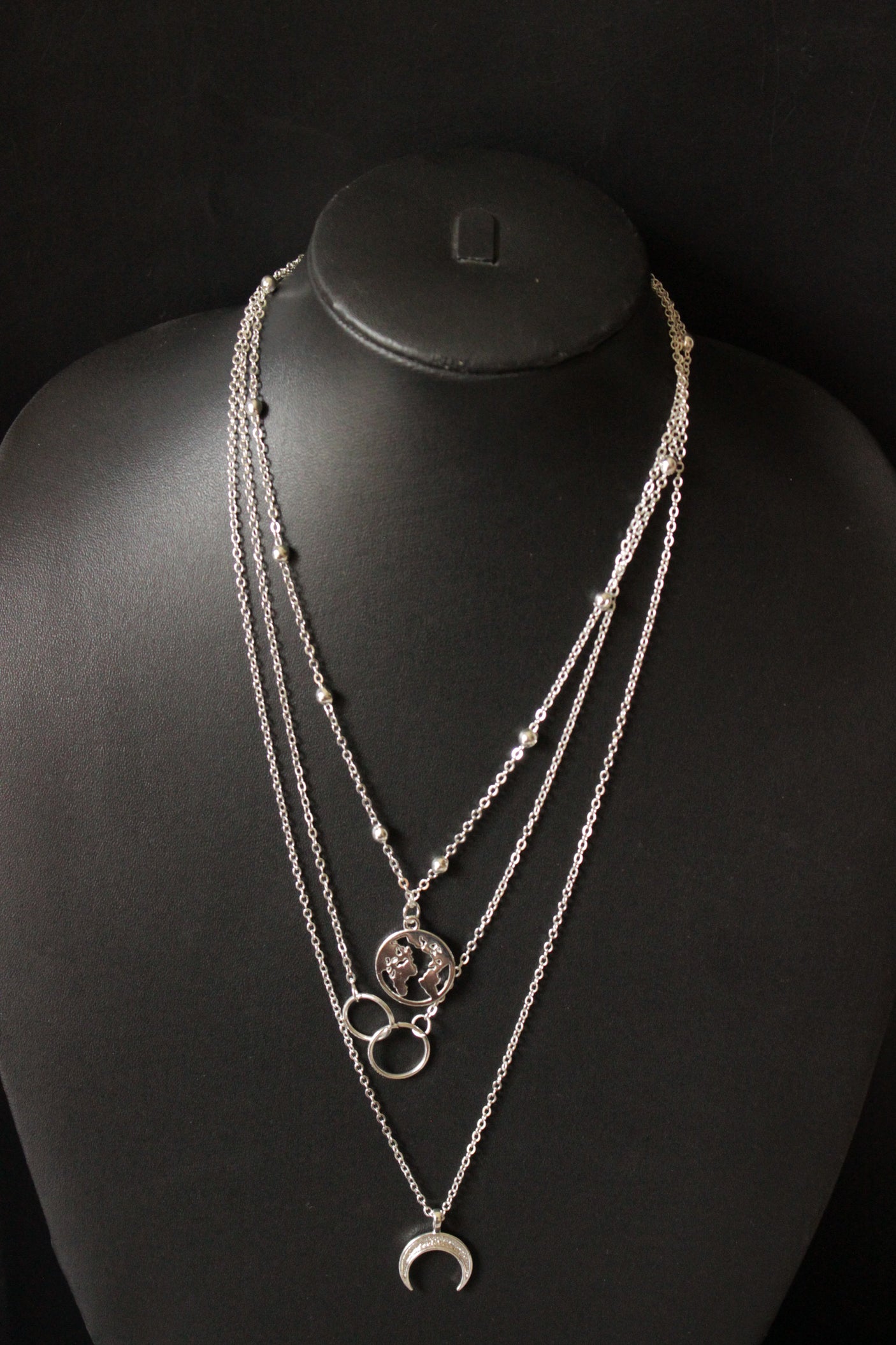 3 Layered Global Cross Ring Design Silver Plated Necklace
