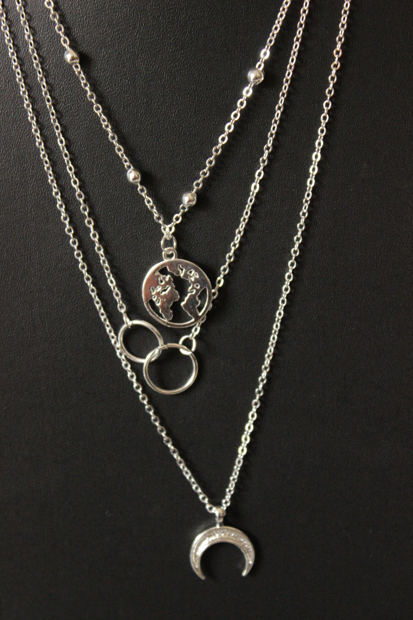 3 Layered Global Cross Ring Design Silver Plated Necklace