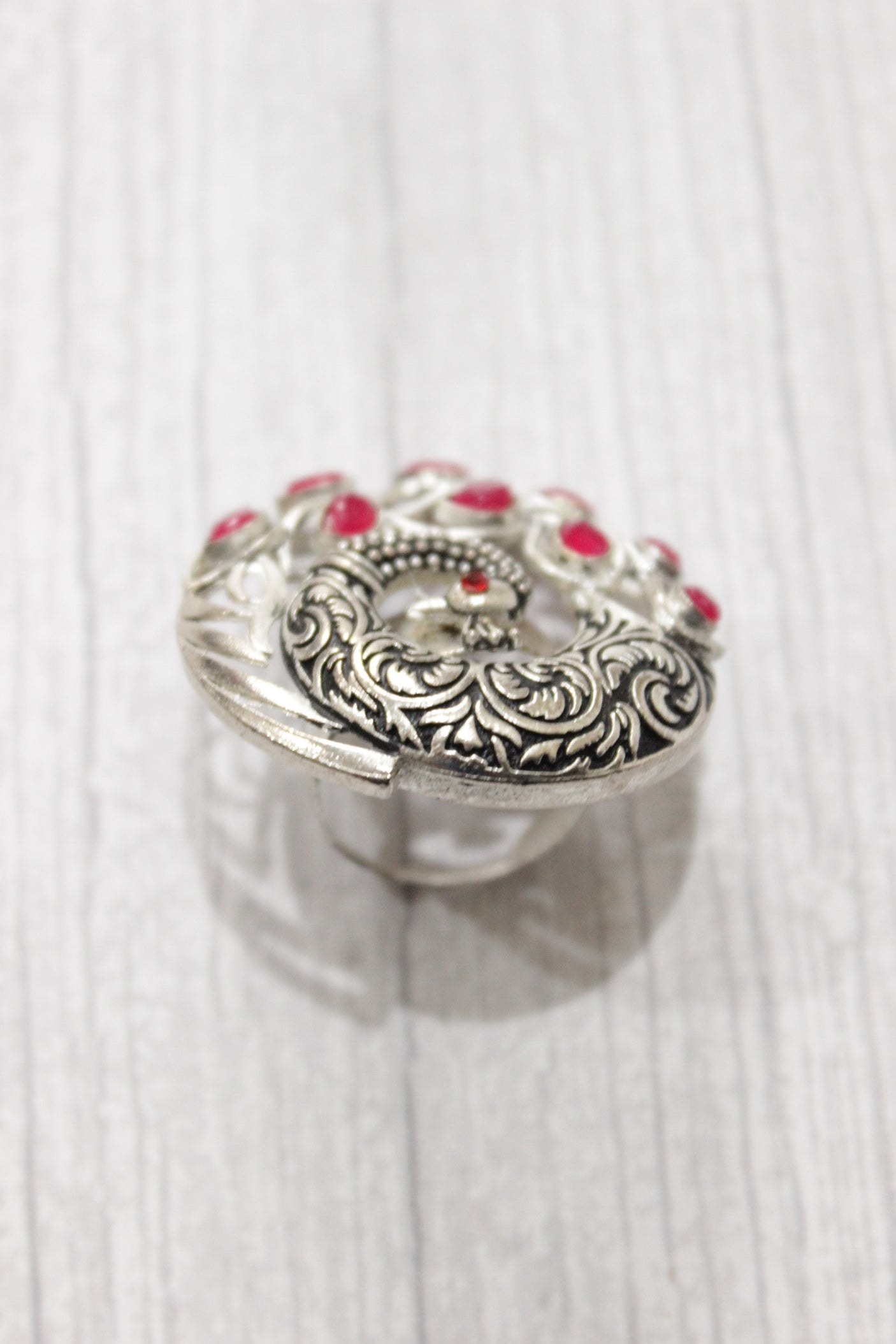 Set of 3 - Peacock Motif Red Glass Stones Embedded Stud Earrings and Pendant