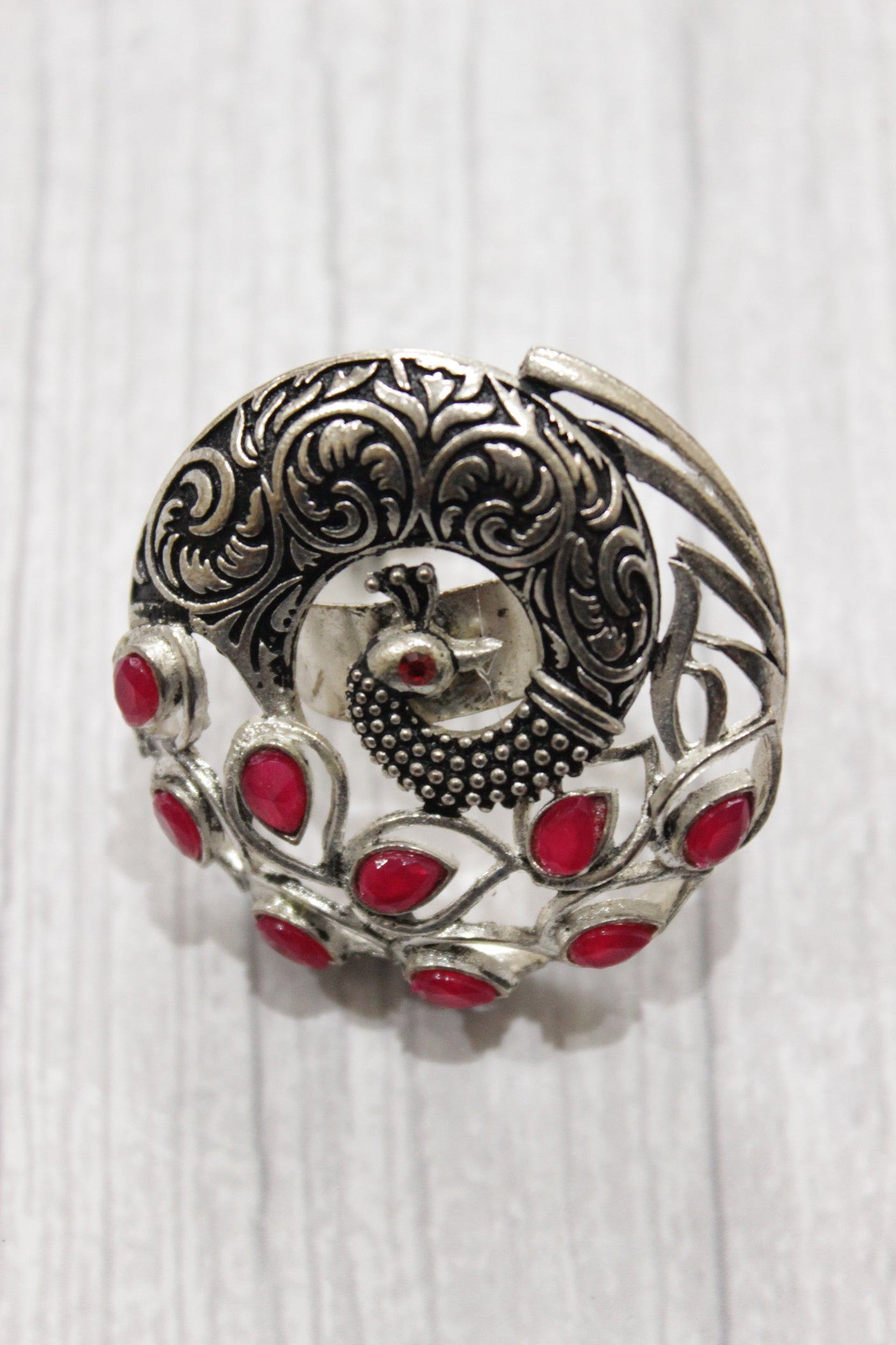 Set of 3 - Peacock Motif Red Glass Stones Embedded Stud Earrings and Pendant