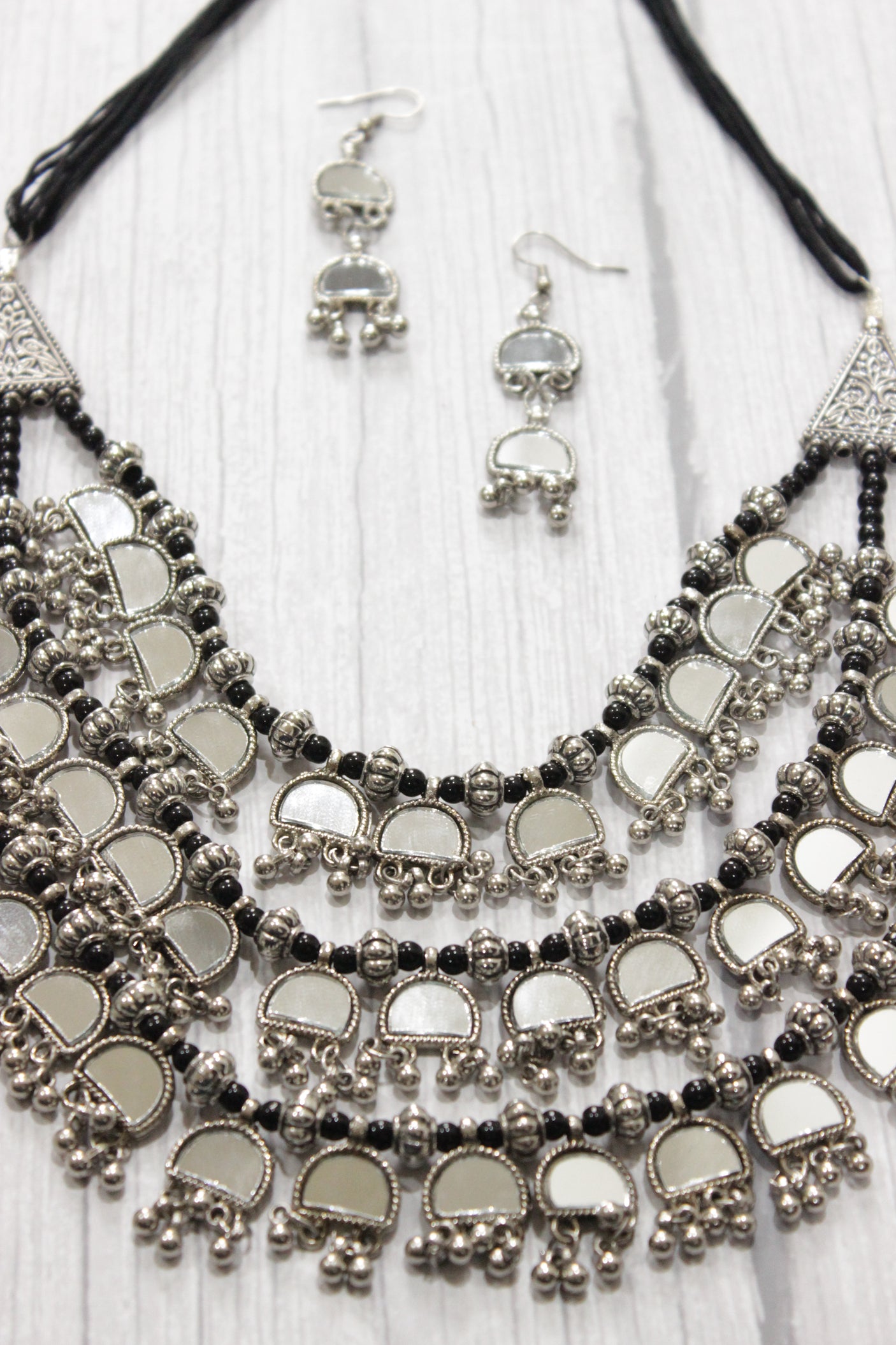 3 Layer Mirror Work Choker Necklace Set with Braided Black Beads