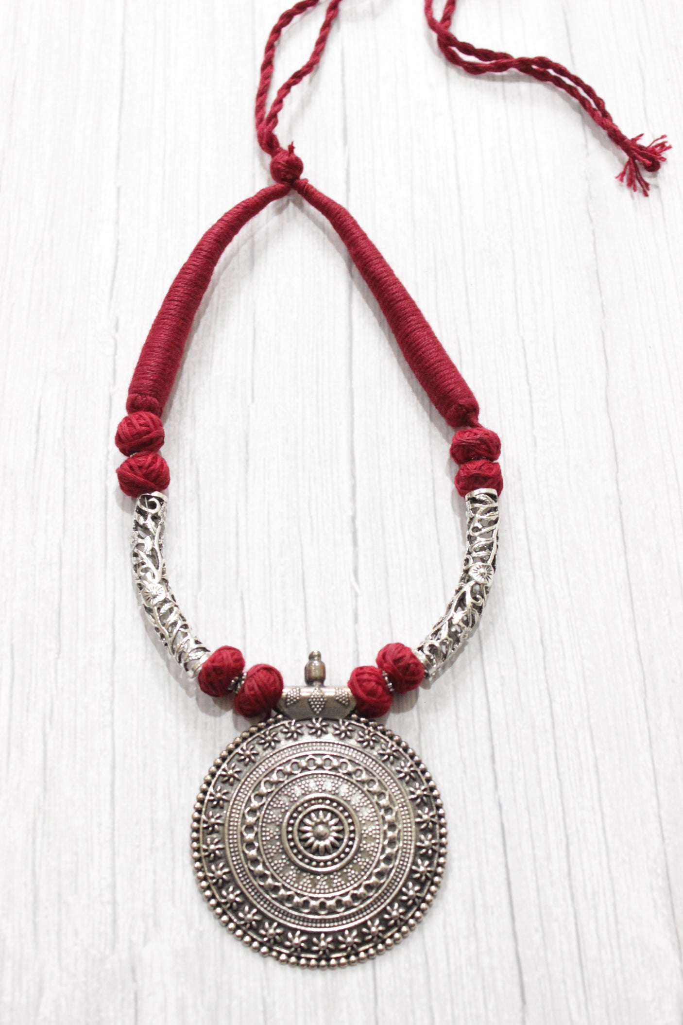 Hasli Style Thread Closure Choker Necklace Set with Statement Circular Metal Pendant