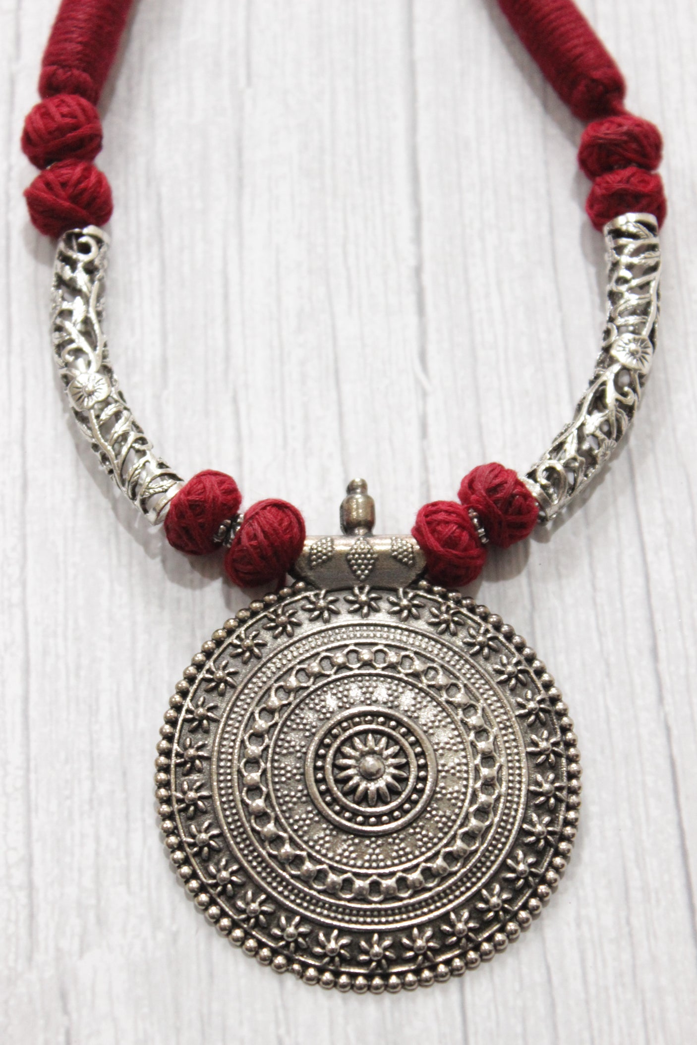 Hasli Style Thread Closure Choker Necklace Set with Statement Circular Metal Pendant