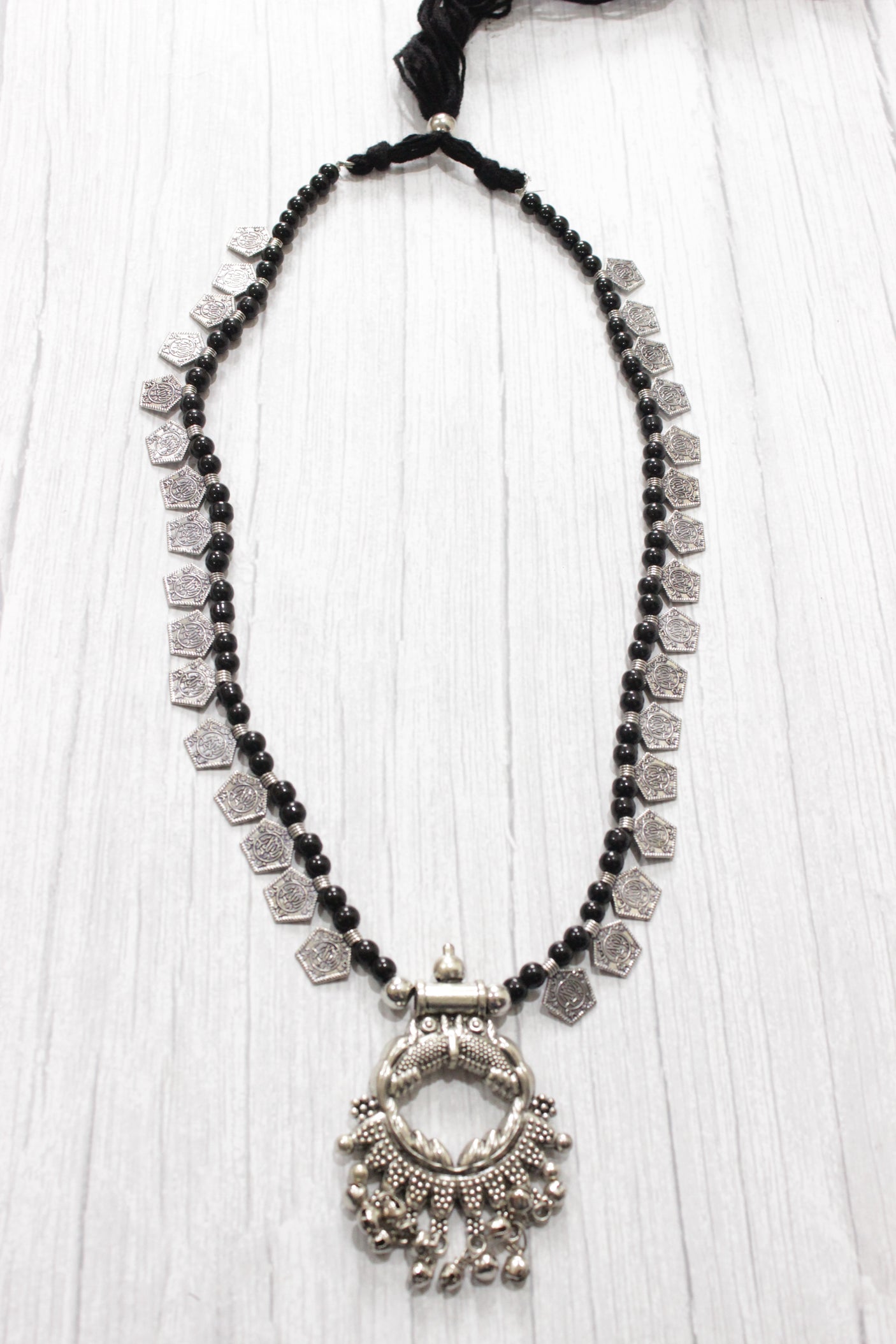 Braided Black Beads and Metal Charms Long Necklace Set