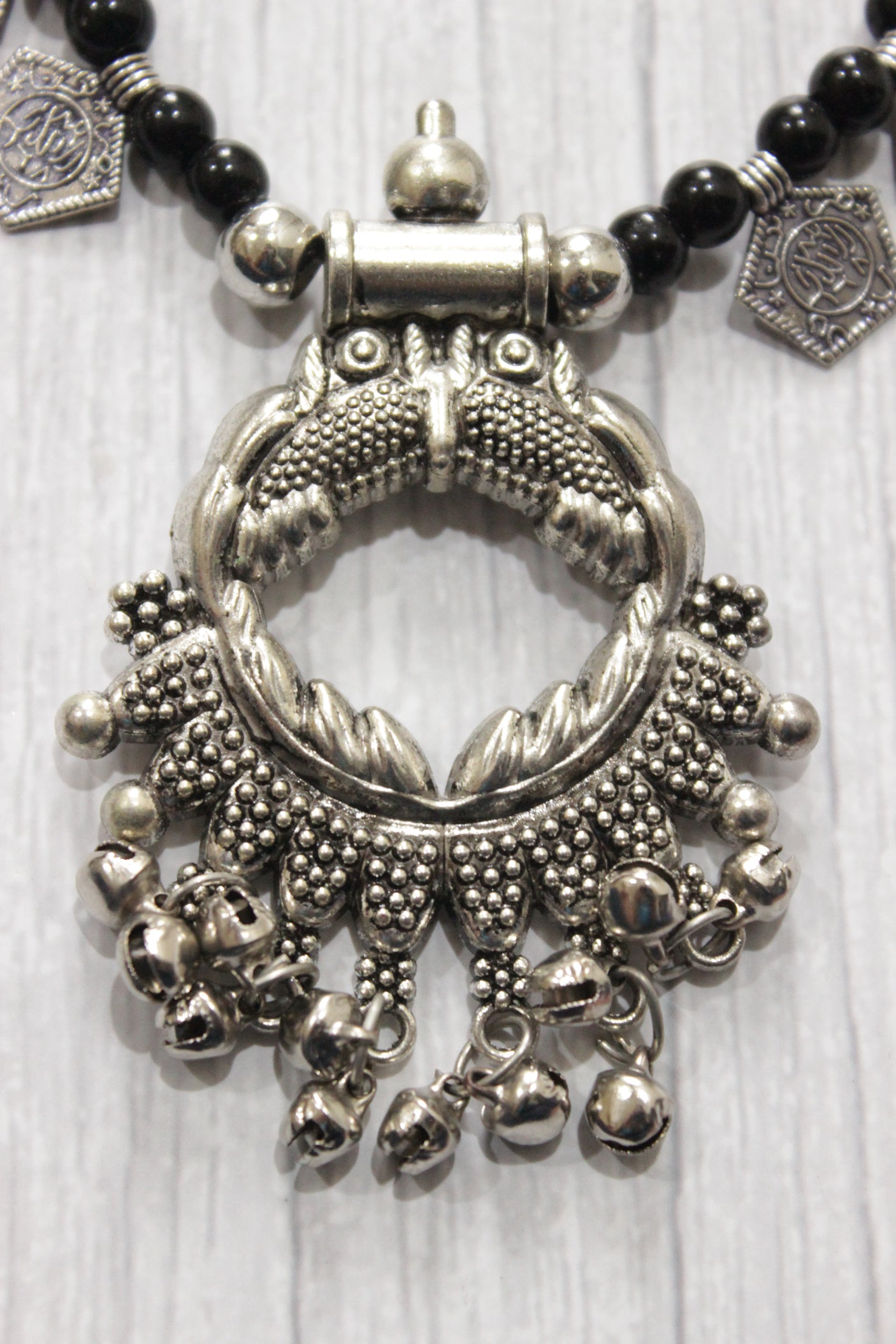 Braided Black Beads and Metal Charms Long Necklace Set