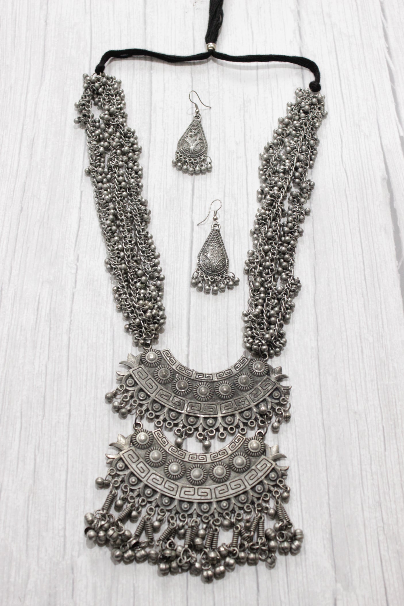2 Layer Pendant Ghungroo Beads Embellished Oxidised Finish Elaborate Metal Necklace Set