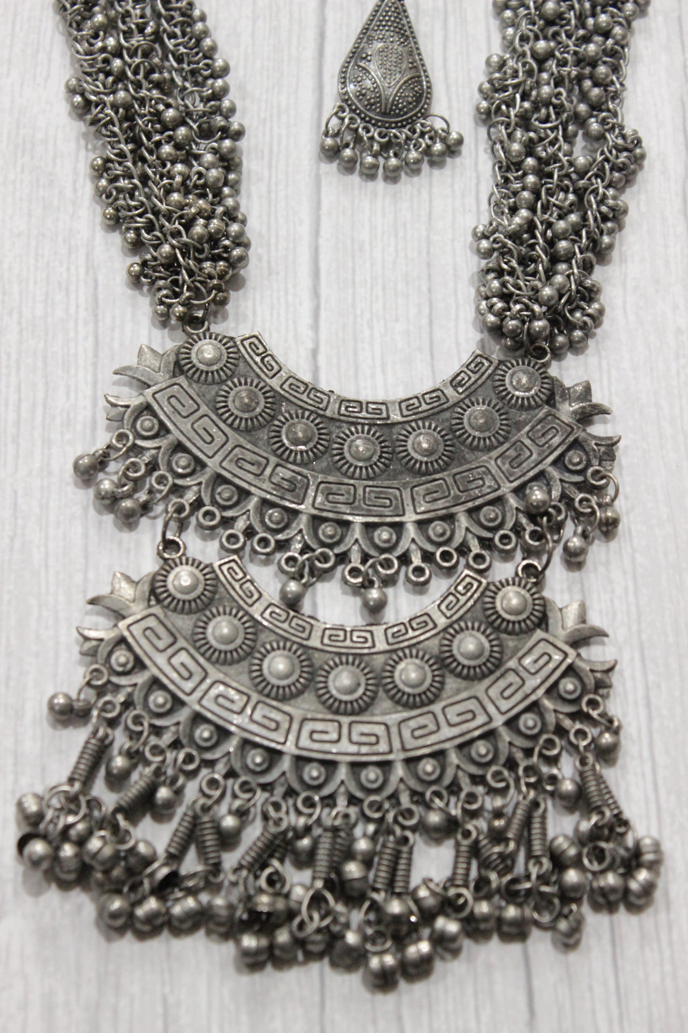 2 Layer Pendant Ghungroo Beads Embellished Oxidised Finish Elaborate Metal Necklace Set