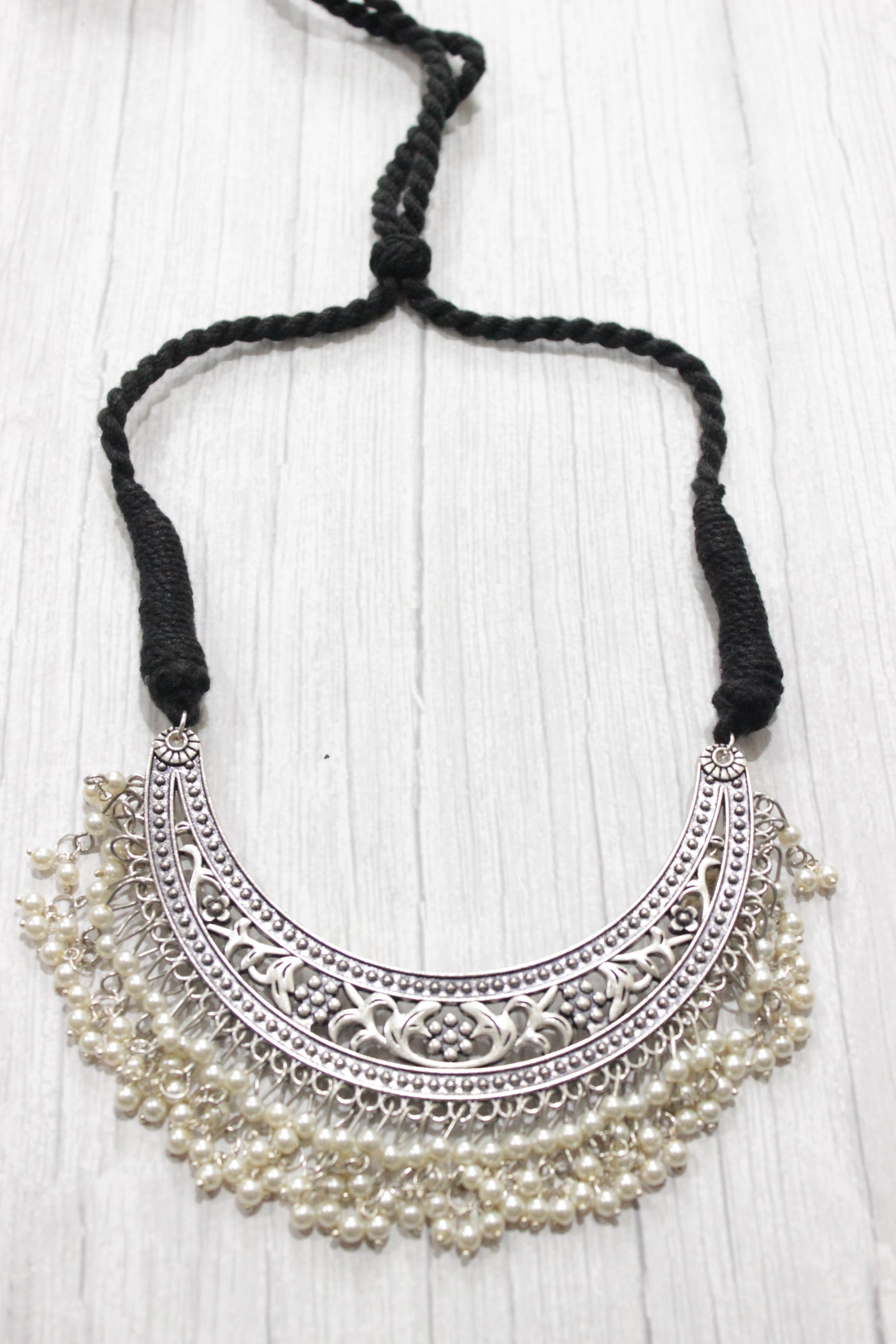 Hasli Style Jali Pattern Half Moon Shaped Choker Necklace with Thread Closure