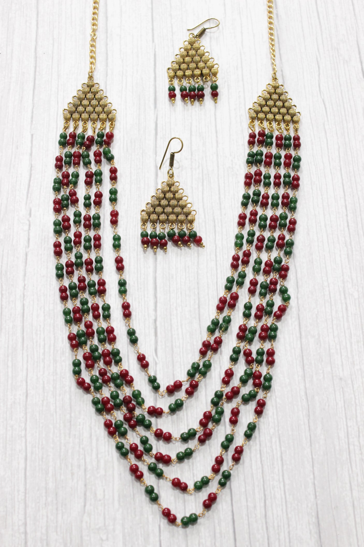 Multi-Layer Green & Cherry Red Gold Finish Necklace Set
