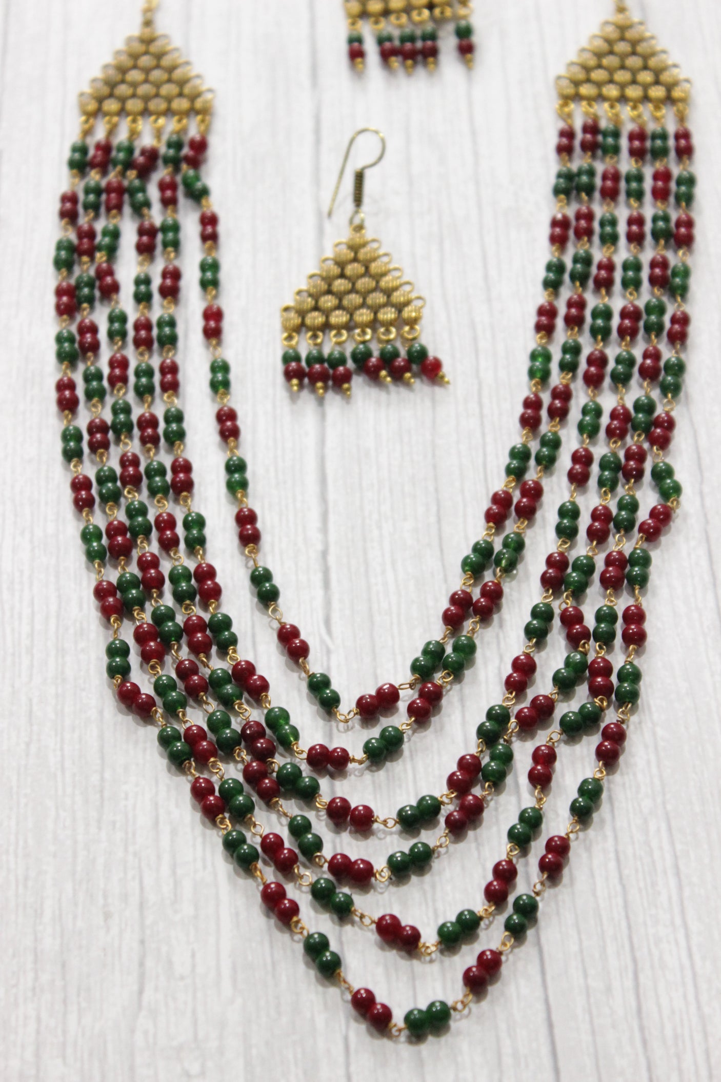 Multi-Layer Green & Cherry Red Gold Finish Necklace Set
