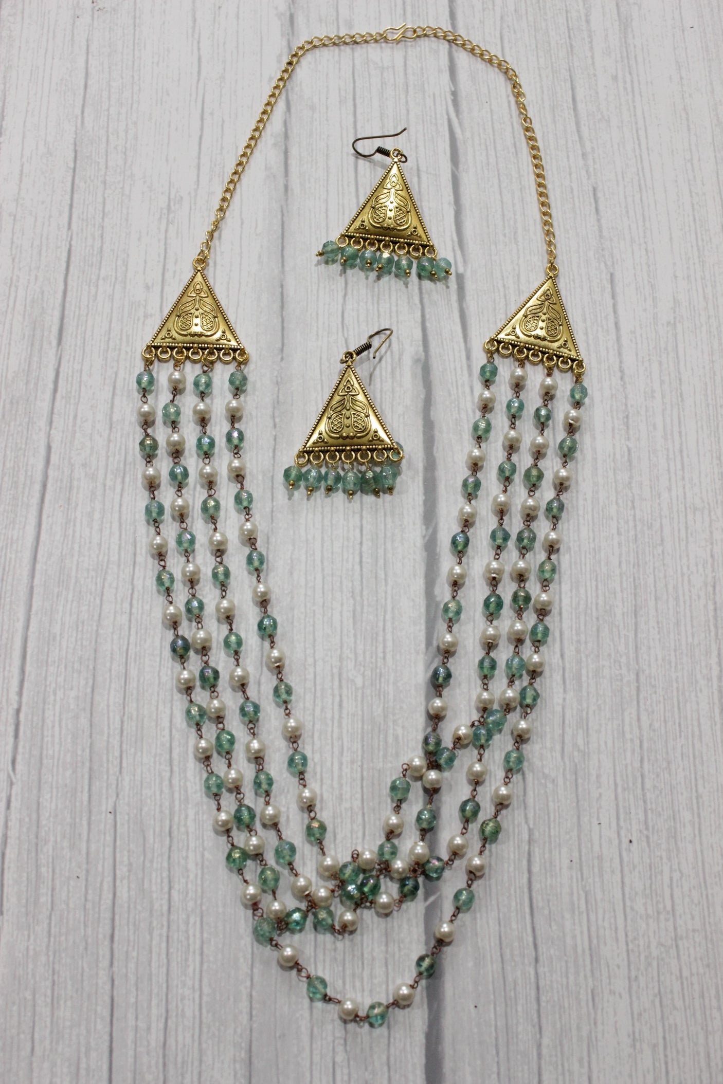 Multi-Layer Blue & White Beads Braided Gold Finish Necklace Set