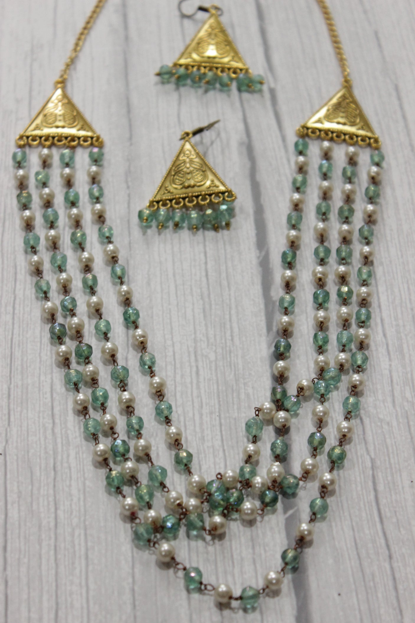 Multi-Layer Blue & White Beads Braided Gold Finish Necklace Set