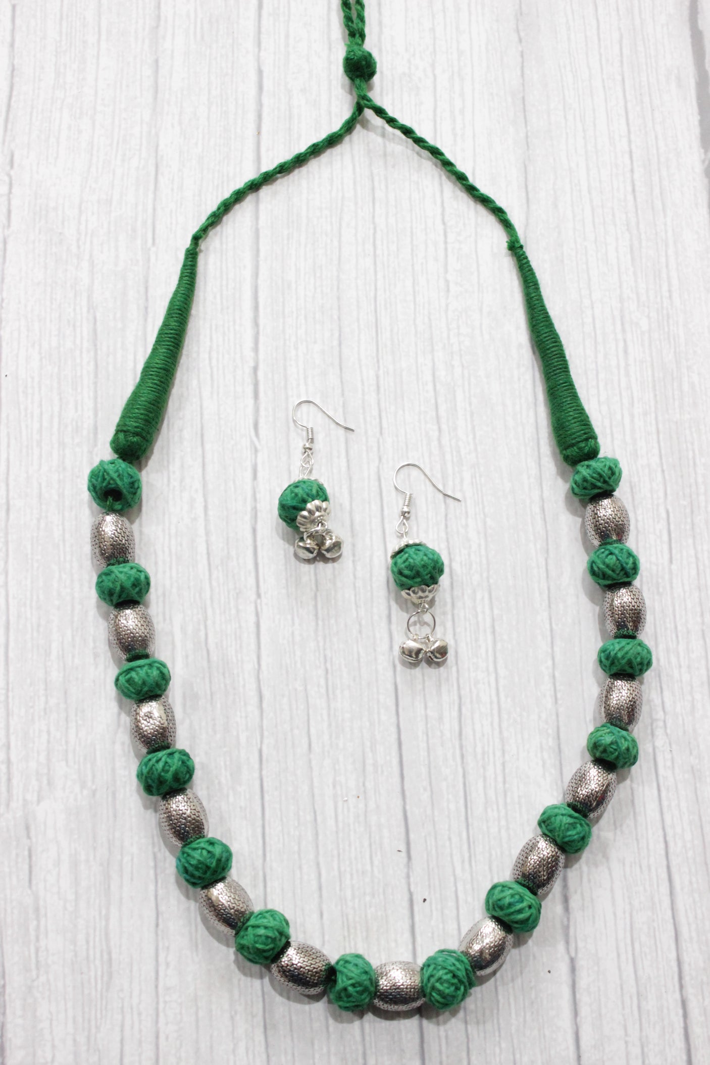 Intertwined Green Fabric Beads and Metal Beads Handcrafted Necklace Set