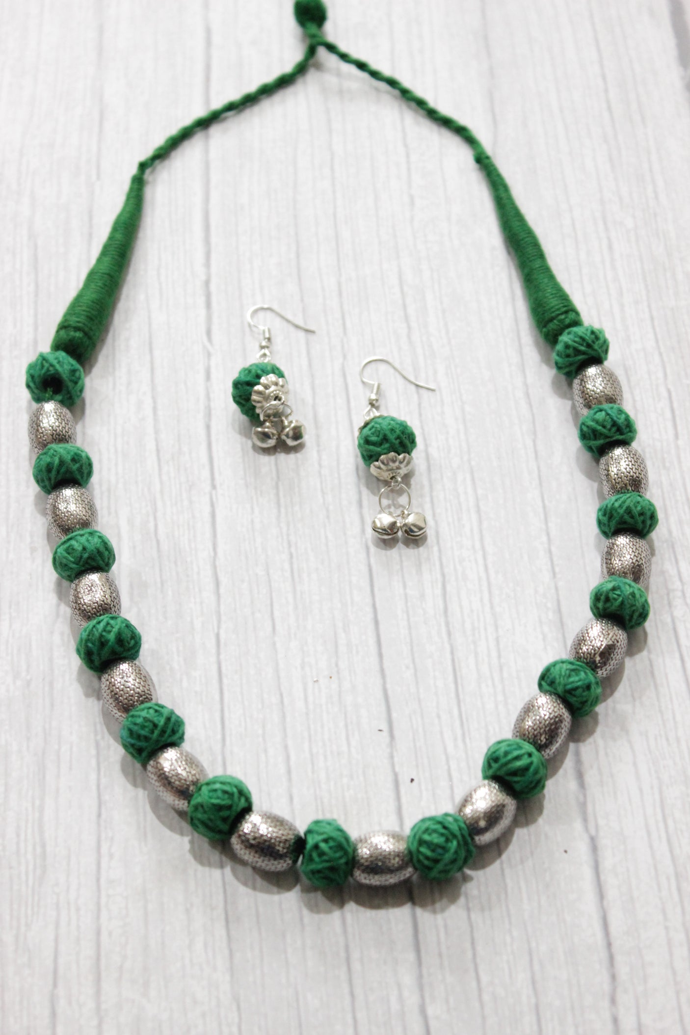 Intertwined Green Fabric Beads and Metal Beads Handcrafted Necklace Set