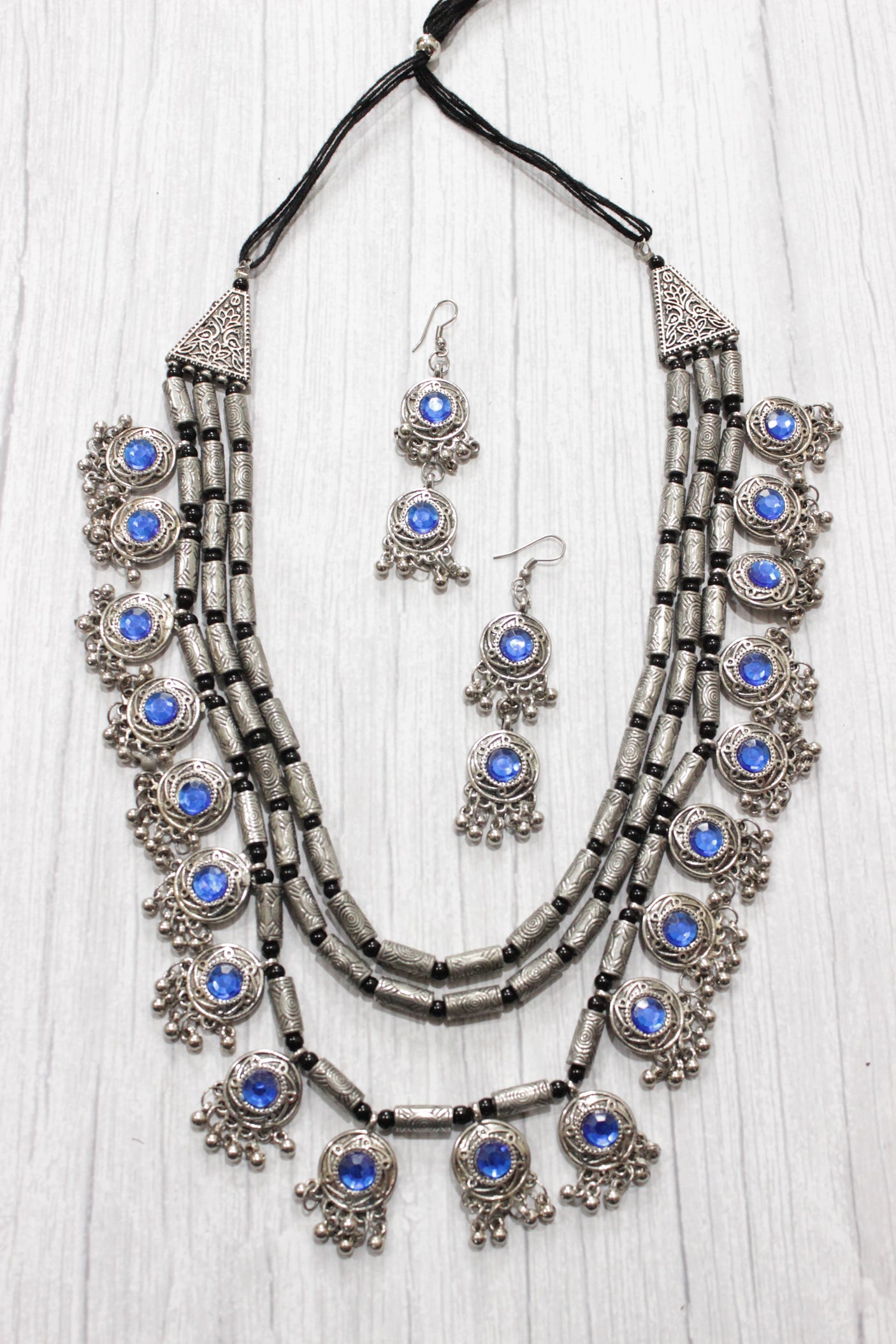 3 Layer Blue Stones Oxidised Silver Necklace Set with Thread Closure