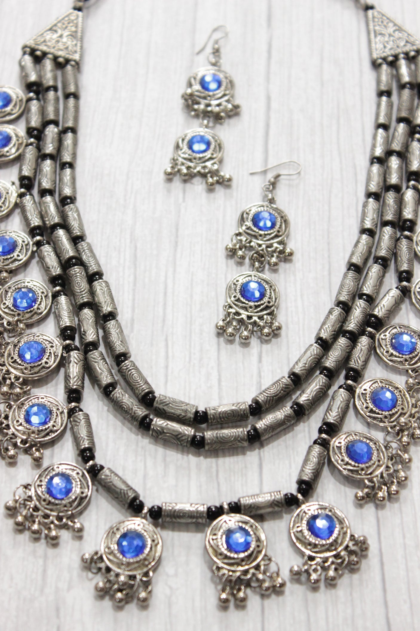 3 Layer Blue Stones Oxidised Silver Necklace Set with Thread Closure
