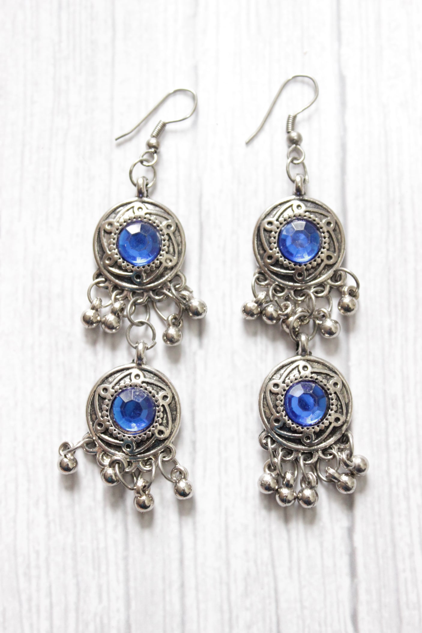 3 Layer Blue Stones Oxidised Silver Necklace Set with Thread Closure
