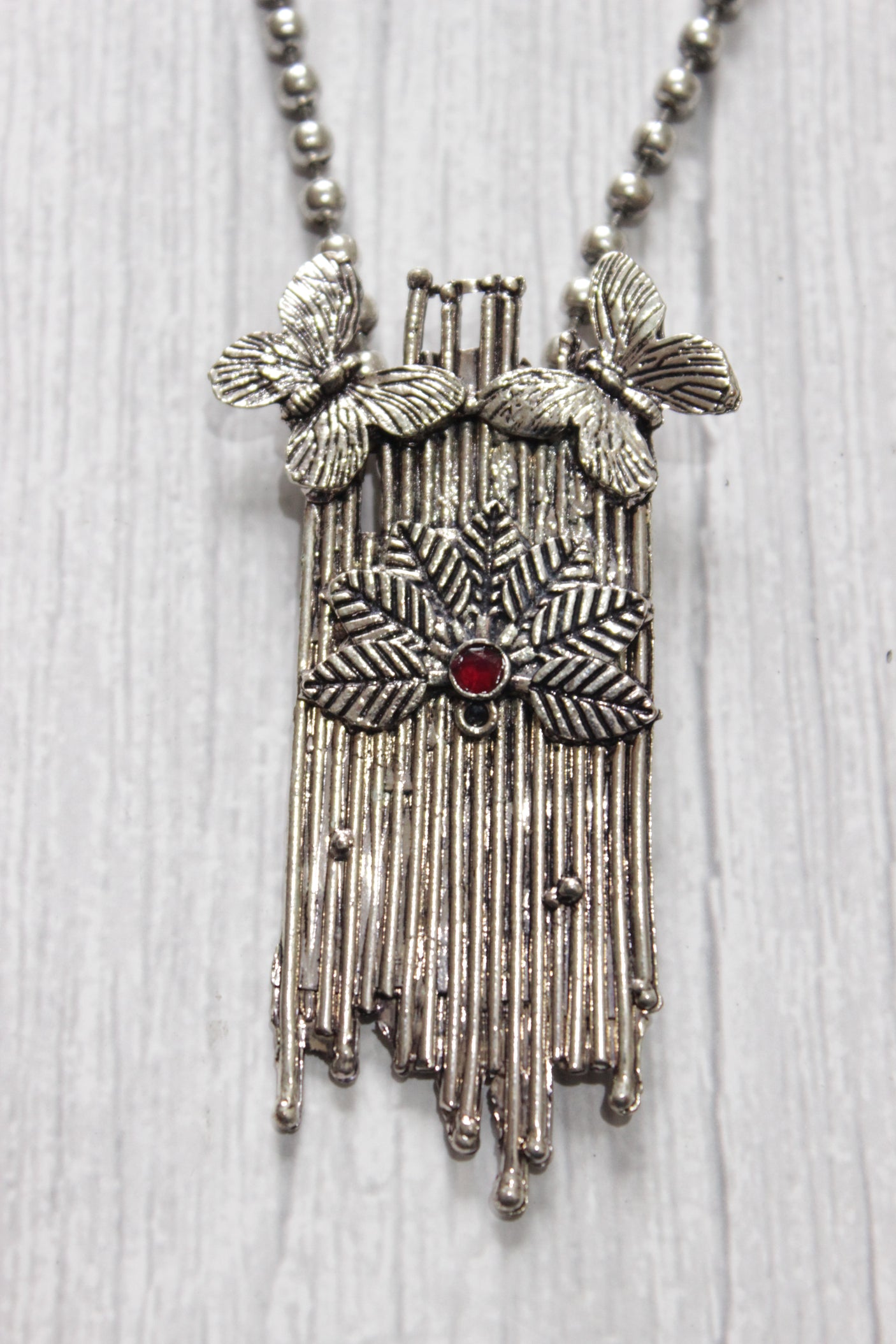 Butterfly Motif Silver Finish Elegant Long Necklace Set