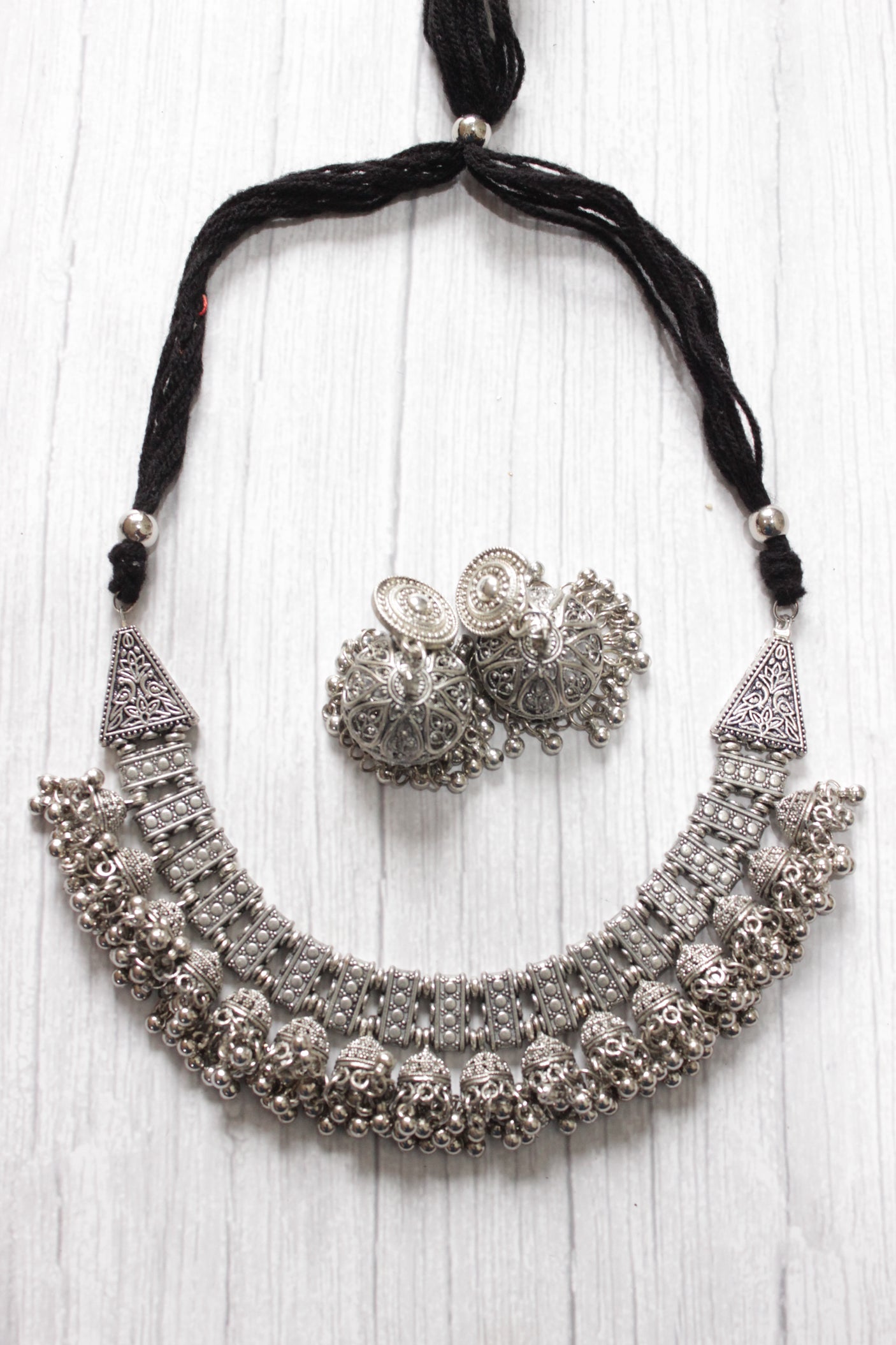 Oxidised Finish Choker Necklace Set Accentuated with Jhumkas