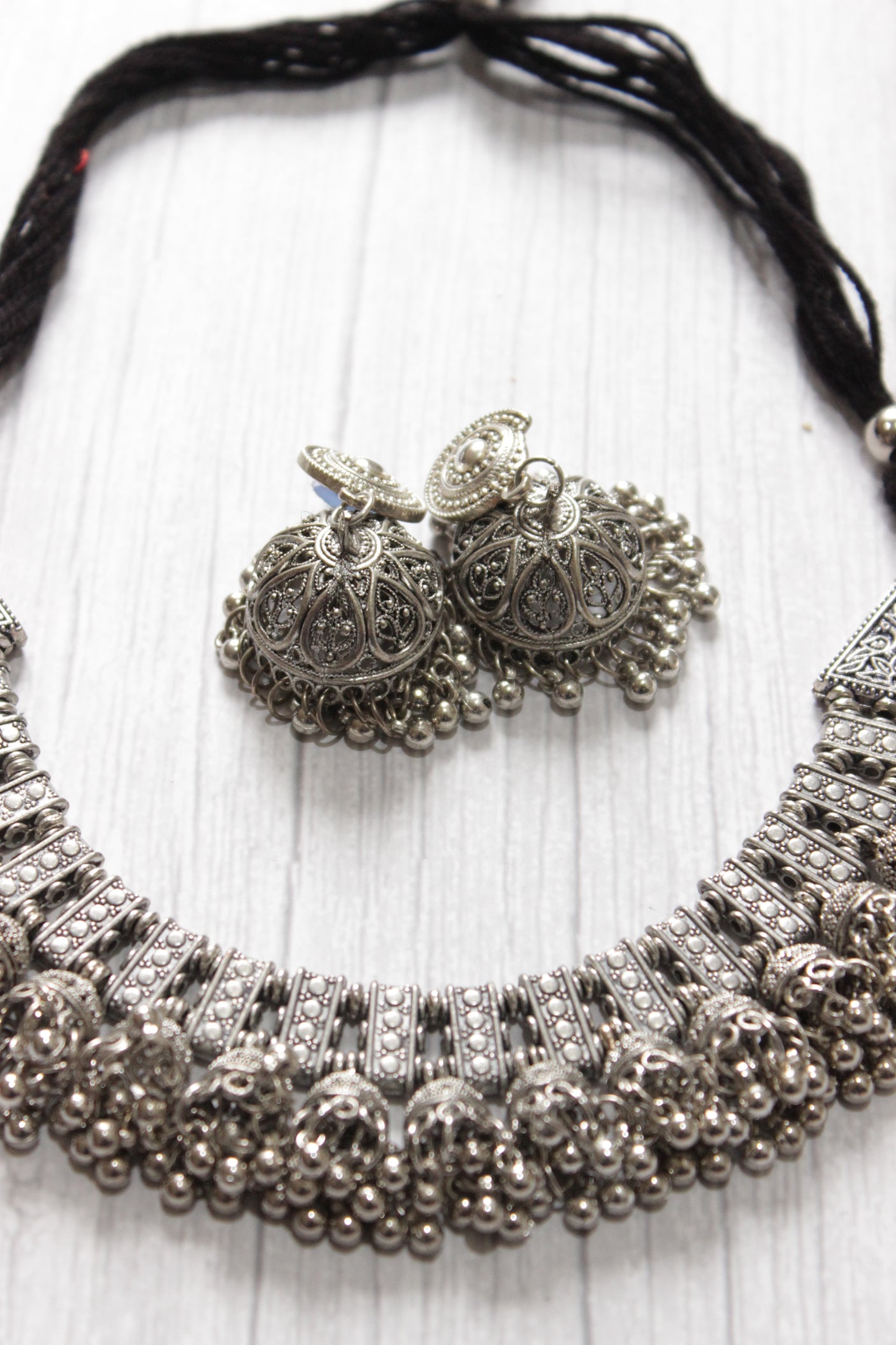 Oxidised Finish Choker Necklace Set Accentuated with Jhumkas