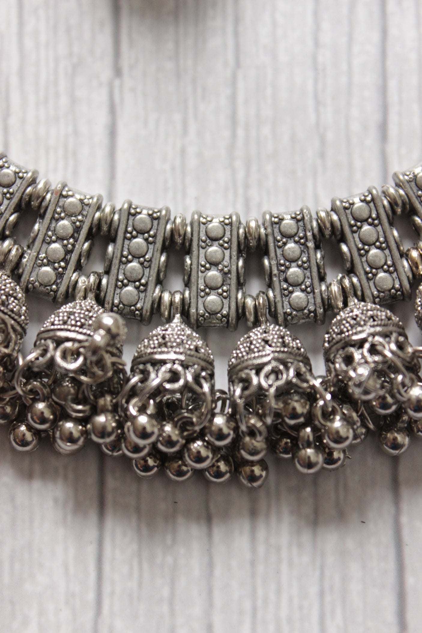 Oxidised Finish Choker Necklace Set Accentuated with Jhumkas