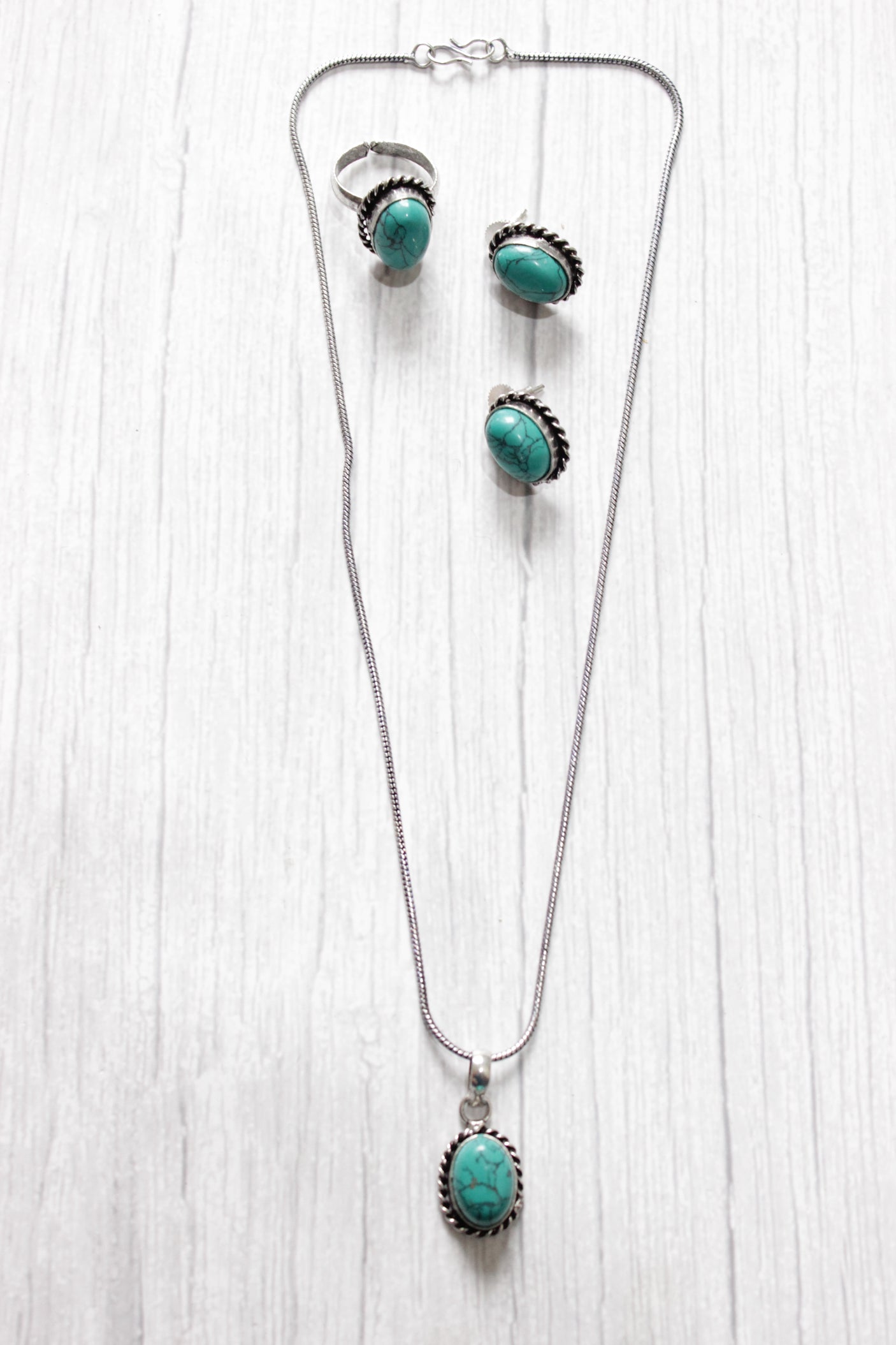 Set of 2 - Turquoise Natural Stone Embedded Necklace Set in Silver Finish with Ring